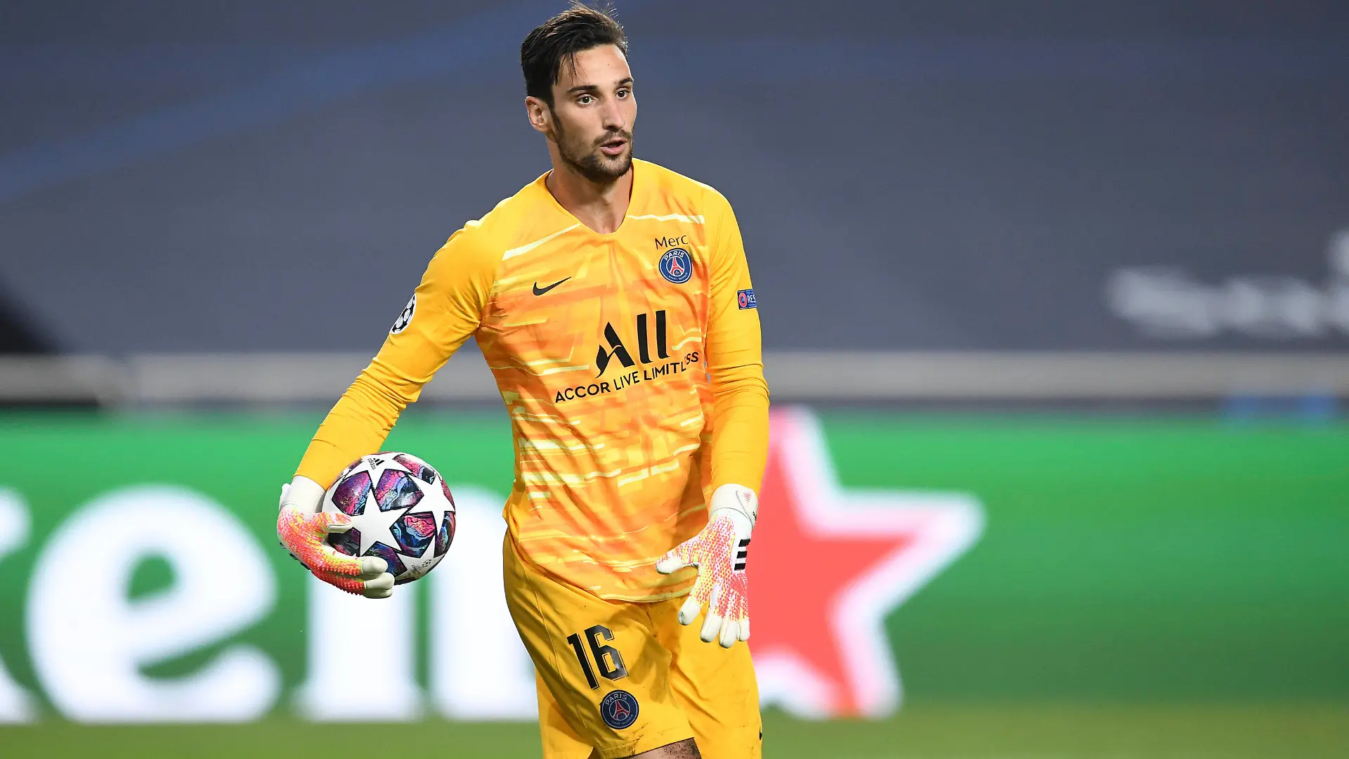 FILE - PSG's goalkeeper Sergio Rico holds the ball during the Champions League semifinal soccer match between RB Leipzig and Paris Saint-Germain at the Luz stadium in Lisbon, Portugal, Tuesday, Aug. 18, 2020. Paris Saint-Germain goalkeeper Sergio Rico has been hospitalized with a head injury after a horse-riding accident in Spain. (David Ramos/Pool Photo via AP, File)