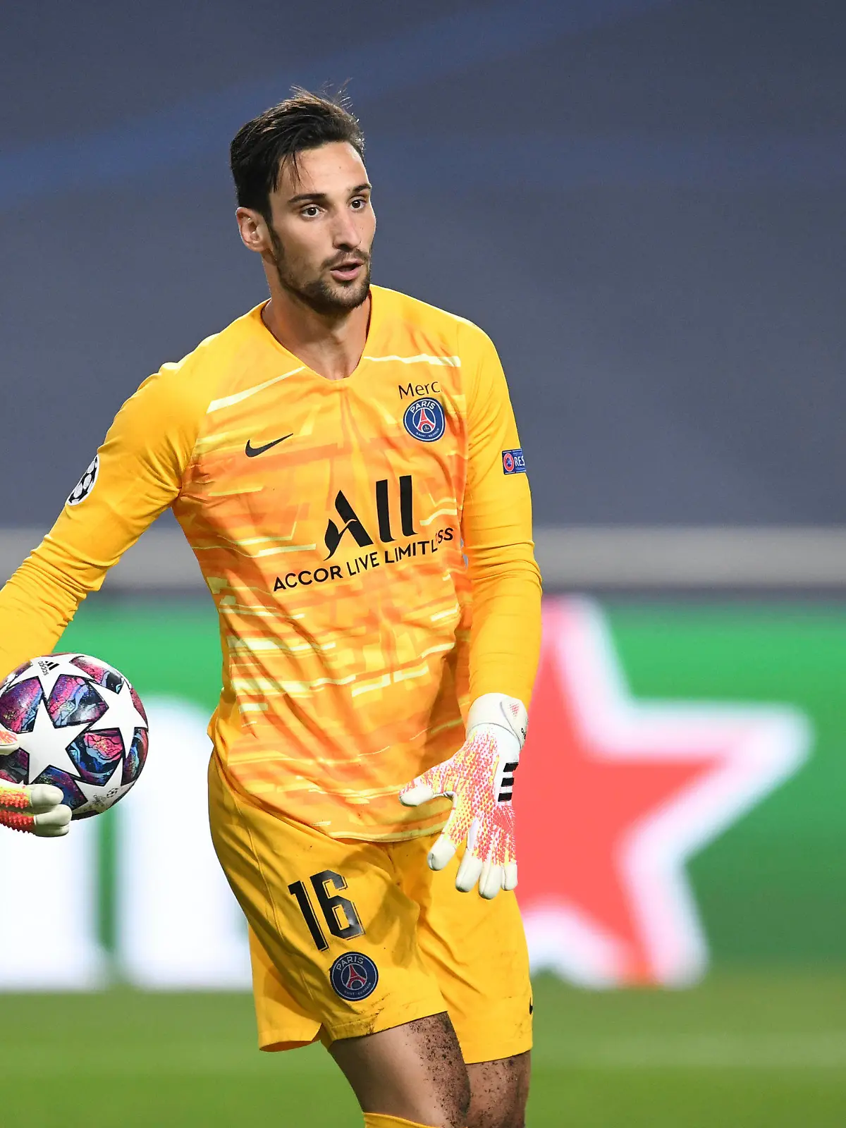 FILE - PSG's goalkeeper Sergio Rico holds the ball during the Champions League semifinal soccer match between RB Leipzig and Paris Saint-Germain at the Luz stadium in Lisbon, Portugal, Tuesday, Aug. 18, 2020. Paris Saint-Germain goalkeeper Sergio Rico has been hospitalized with a head injury after a horse-riding accident in Spain.  (David Ramos/Pool Photo via AP, File)