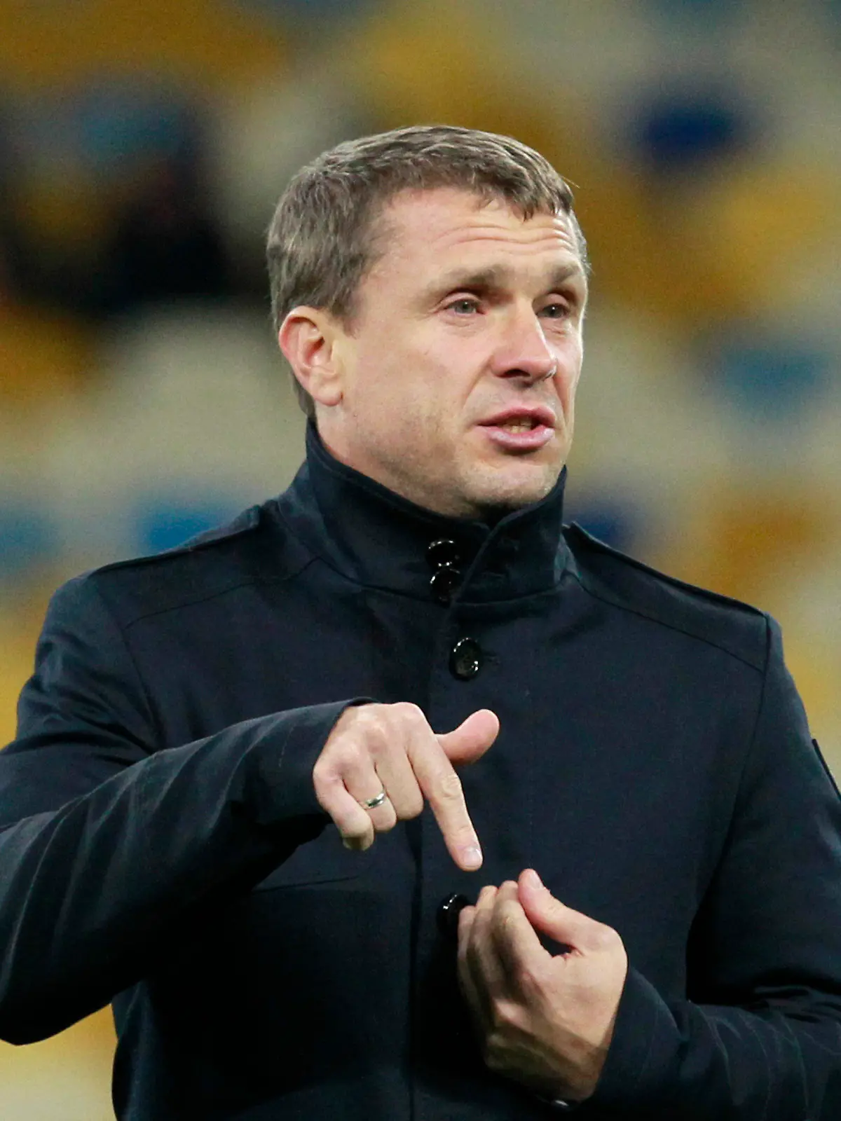 FILE - Kiev's headcoach Serhiy Rebrov talks prior to the Champions League round of sixteen first leg soccer match between Dynamo Kiev and Manchester City in Kiev, Ukraine, Wednesday, Feb. 24, 2016. Ukraine has appointed former Tottenham striker Serhiy Rebrov as coach of the men’s national soccer team as it aims to qualify for next year’s European Championship despite being unable to play at home because of the Russian invasion. (AP Photo/Sergei Chuzavkov, File)