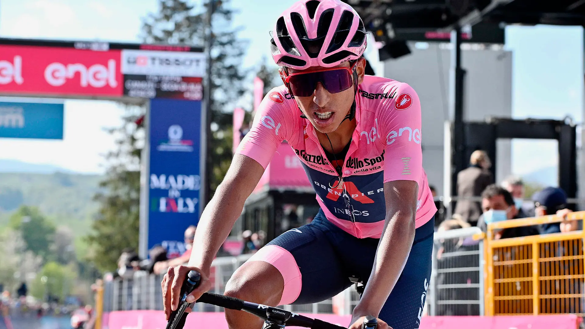 FILE - Colombia's Egan Bernal after completing the 17th stage of the Giro d'Italia cycling race, from Canazei to Sega Di Ala, Italy, May 26, 2021. Former Tour de France champion Egan Bernal was taken to a hospital in stable condition Monday Jan. 24, 2022, after a training crash in Colombia, his team said. In a brief statement, the Ineos Grenadiers team said the 25-year-old Colombian rider was conscious when arriving at the hospital. (Marco Alpozzi/LaPresse via AP, File)