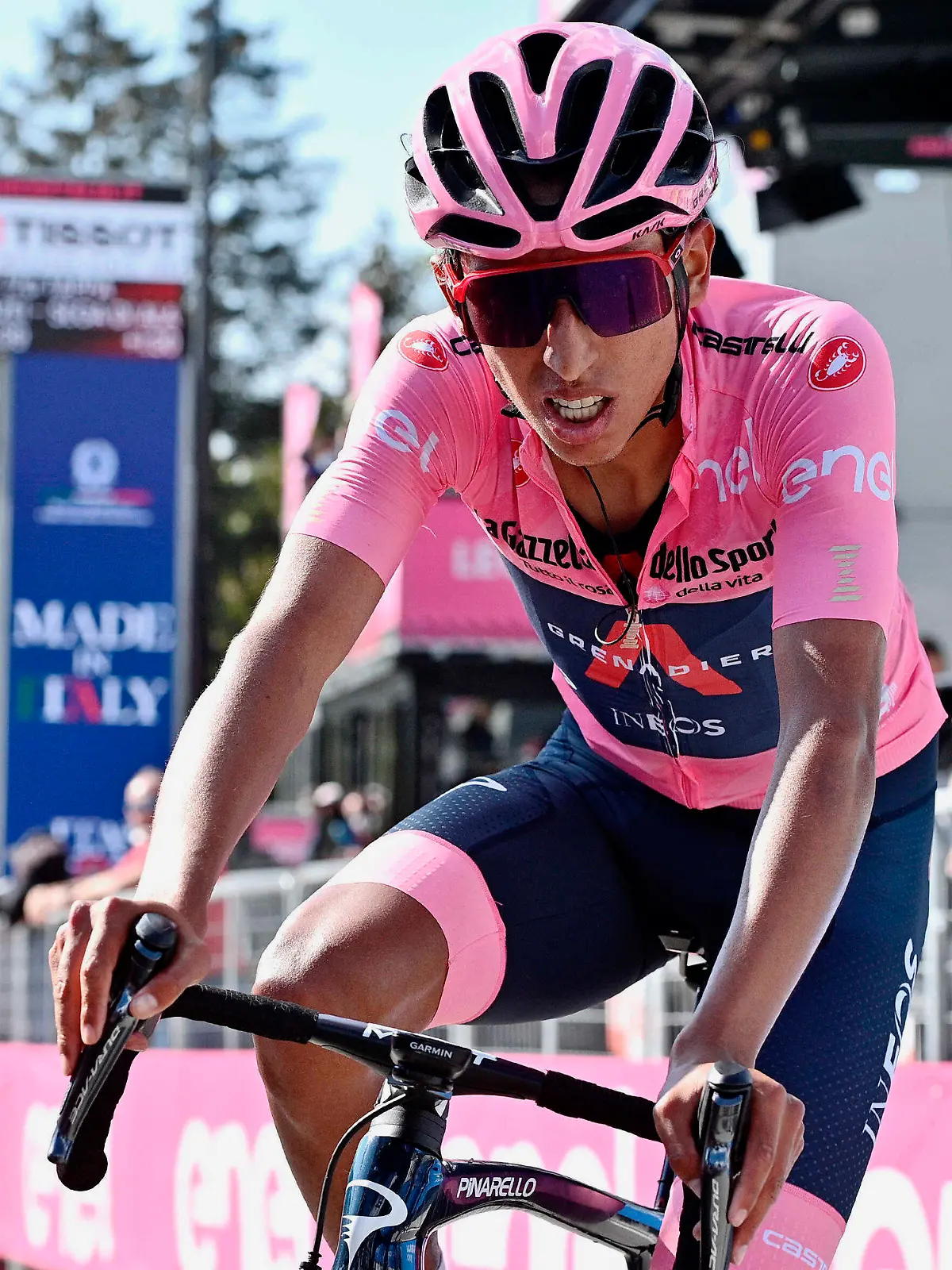 FILE - Colombia's Egan Bernal after completing the 17th stage of the Giro d'Italia cycling race, from Canazei to Sega Di Ala, Italy, May 26, 2021. Former Tour de France champion Egan Bernal was taken to a hospital in stable condition Monday Jan. 24, 2022, after a training crash in Colombia, his team said. In a brief statement, the Ineos Grenadiers team said the 25-year-old Colombian rider was conscious when arriving at the hospital. (Marco Alpozzi/LaPresse via AP, File)