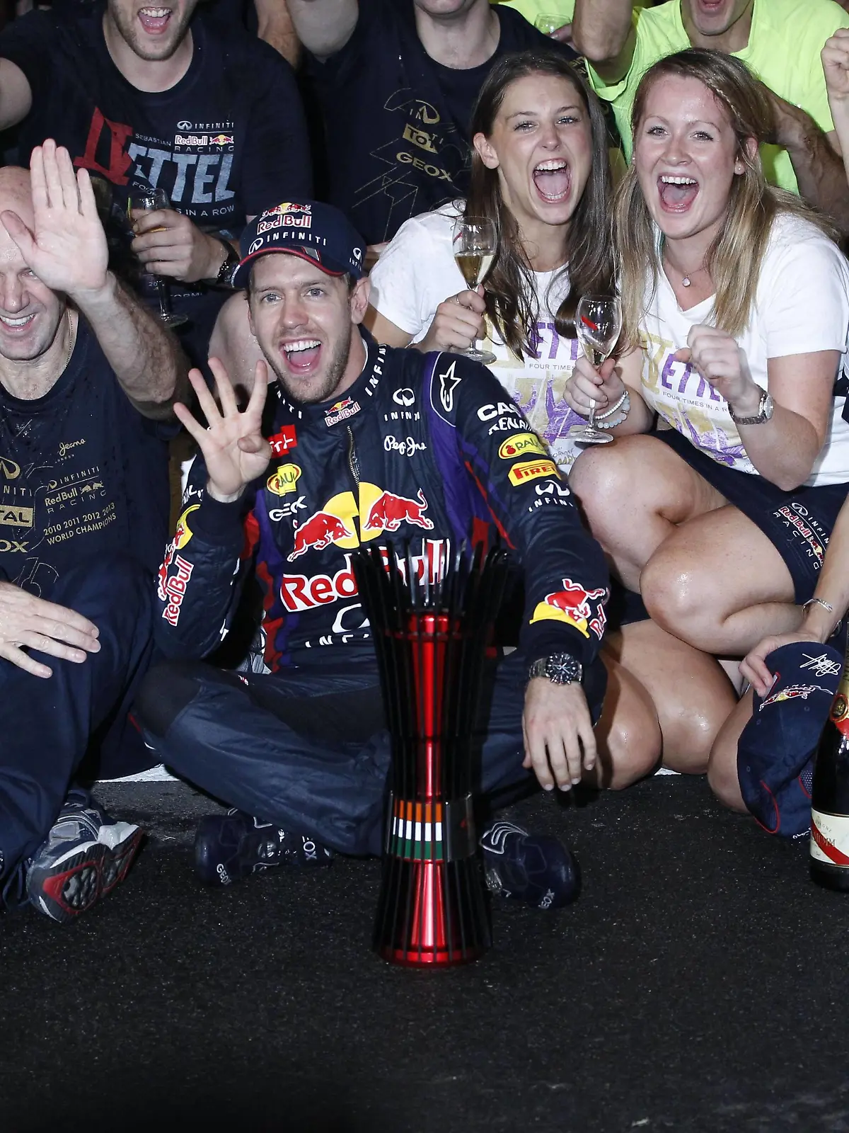 Bildnummer: 14881990  Datum: 27.10.2013  Copyright: imago/HochZwei
Motorsports: FIA Formula One World Championship 2013, Grand Prix of India, Christian Horner (GBR, Infiniti Red Bull Racing), Adrian Newey (GBR, Infiniti Red Bull Racing), 1 Sebastian Vettel (GER, Infiniti Red Bull Racing), Britta Roeske (GER, Infiniti Red Bull Racing), xHOCHxZWEIx ; Motorsport Formel 1 F1 F WM GP Indien Greater Noida Neu Delhi Weltmeister Sieg Jubel x0x xsk 2013 quer Aufmacher premiumd Motorsport - motor Grand Prix - Grosser Preis Formel Eins - formula one Formel 1 - formula 1 Formel 1 - formula one F1 - F 1 Partner01 Circuit Name - Buddh International Circuit GP16 Weltmeisterschaft - world championship Indian GP Saison 2013 - Season 2013 F1 Indien - India Partner03 Jubel - celebration Stimmung - mood freut freuen Freude jubelnd jubelt positiv Teamchef - team principal Britta Roeske - Britta Röske Pressesprecherin Pressesprecher - press officer 

Image number 14881990 date 27 10 2013 Copyright imago  Motorsports FIA Formula One World Championship 2013 Grand Prix of India Christian Horner GBR Infiniti Red Bull Racing Adrian Newey GBR Infiniti Red Bull Racing 1 Sebastian Vettel ger Infiniti Red Bull Racing Britta Roeske ger Infiniti Red Bull Racing xHOCHxZWEIx motor aviation Formula 1 F1 F World Cup GP India Greater  New Delhi World Champion Victory cheering x0x xsk 2013 horizontal Highlight premiumd motor aviation Engine Grand Prix grand Prize Formula one Formula One Formula 1 Formula 1 Formula 1 Formula One F1 F 1  Circuit Name Buddh International Circuit GP16 World Cup World Championship Indian GP Season 2013 Season 2013 F1 India India  cheering Celebration Mood mood pleased Look forward happiness jubilant cheering positive Team boss team Principal Britta Roeske Britta Röske Spokesperson Spokesman Press Officer  