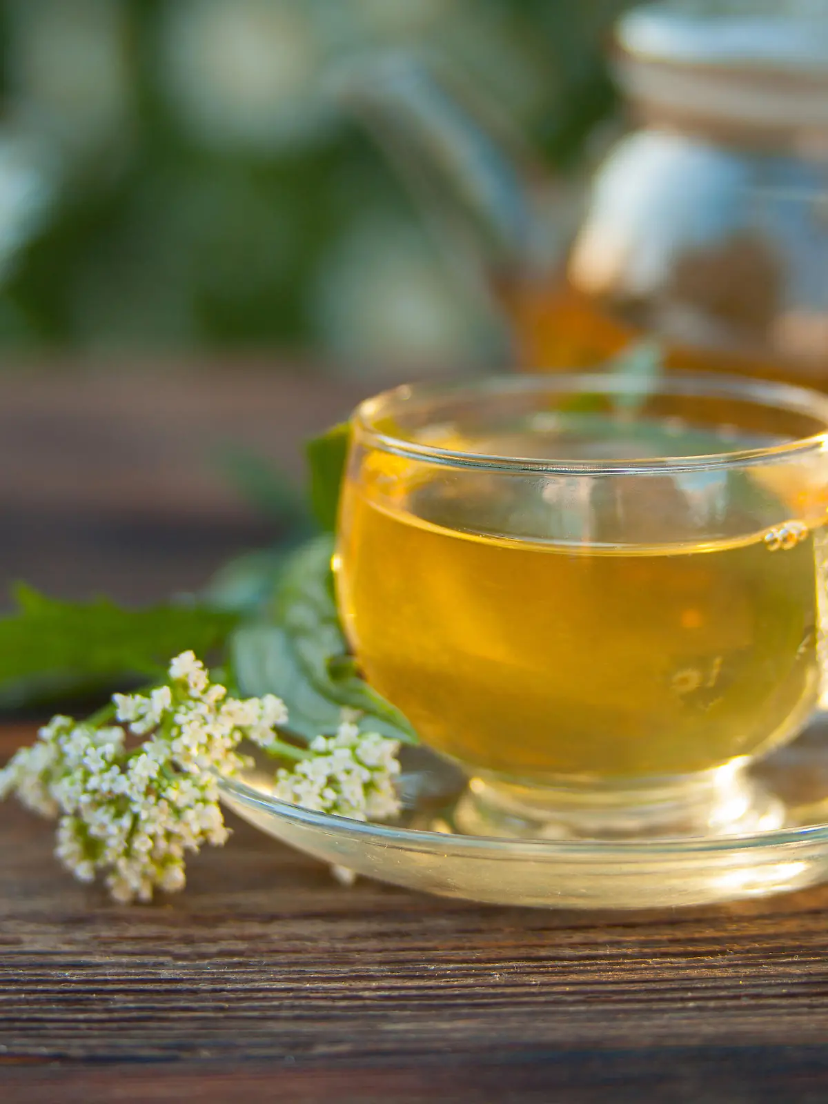 Crystal cup with green tea on a table
