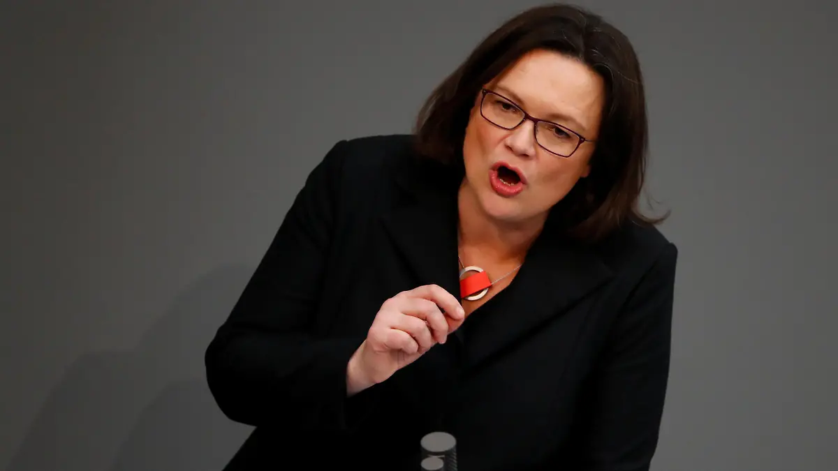 Andrea Nahles of Social Democratic Party (SPD) addresses the lower house of parliament Bundestag in Berlin, Germany, March 21, 2018. REUTERS/Fabrizio Bensch