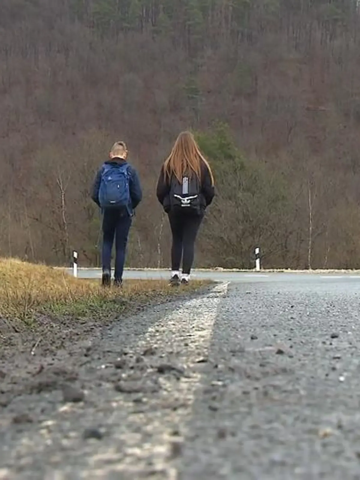 Bild zu: "Schulkinder laufen an der Landstraße "