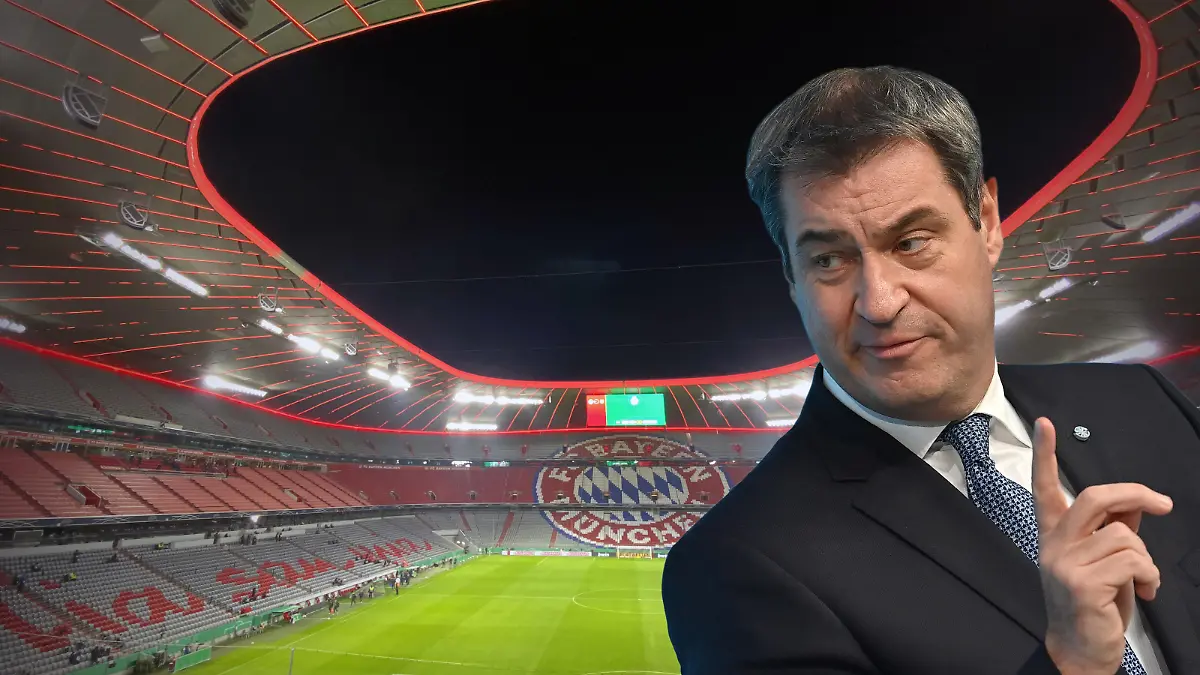 FOTOMONTAGE: Geisterspiel Rueckkehr-Bayern vor leeren Raengen.Markus SOEDER (Ministerpraesident Bayern und CSU Vorsitzender) verkuendet die Rueckkehr von Geisterspielen, Archivfoto;Uebersicht,Stadionuebersicht,Innenraum,leeres Stadion,leere Tribuenen.Geisterspiel,ohne Zuschauer, Fussball DFB Pokal 1.Runde, 1.FC Dueren-FC Bayern Muenchen 0-3, am 15.10.2020 in Muenchen A L L I A N Z A R E N A. DFL REGULATIONS PROHIBIT ANY USE OF PHOTOGRAPHS AS IMAGE SEQUENCES AND/OR QUASI-VIDEO. ¬