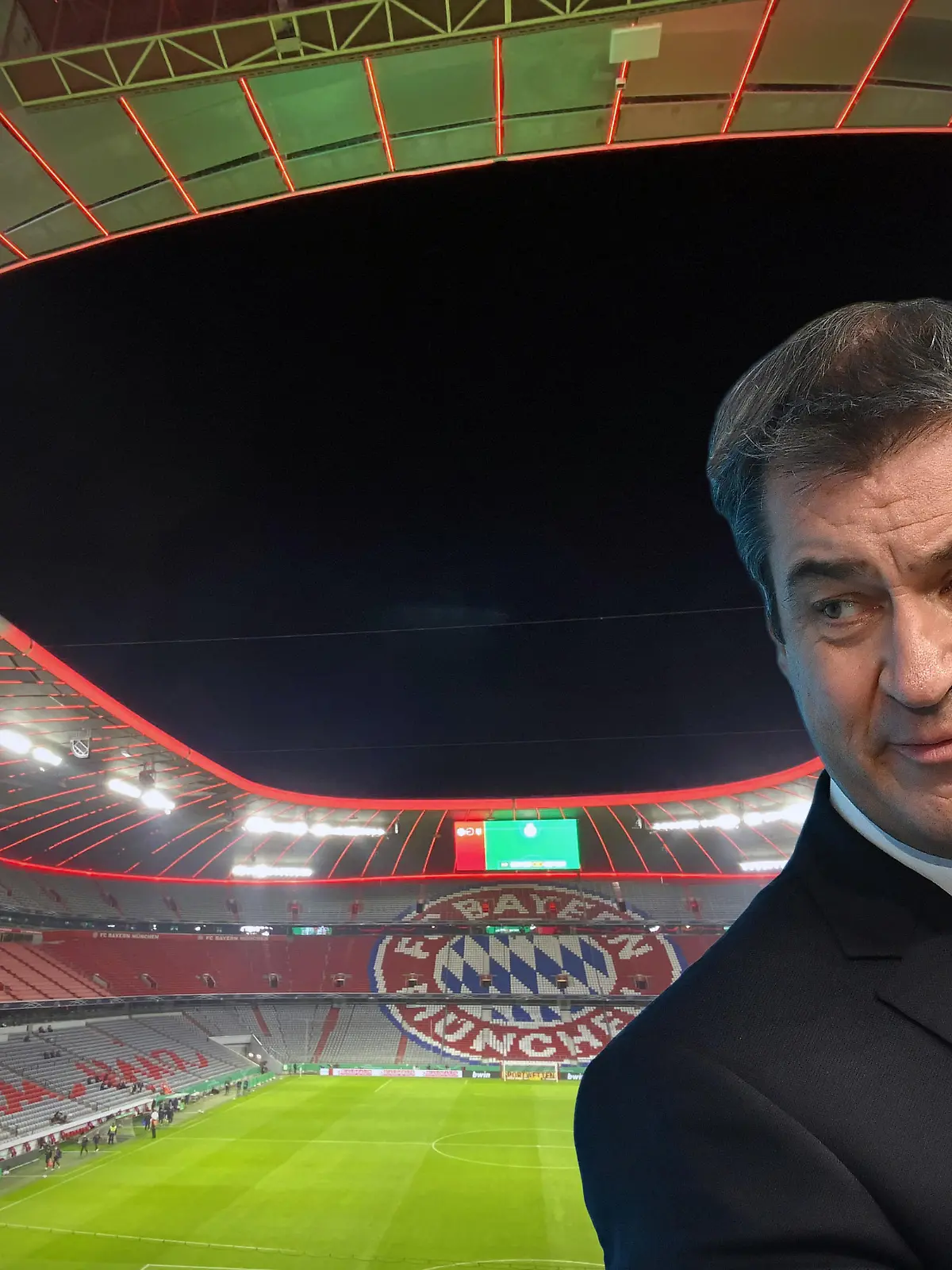 FOTOMONTAGE: Geisterspiel Rueckkehr-Bayern vor leeren Raengen.Markus SOEDER (Ministerpraesident Bayern und CSU Vorsitzender) verkuendet die Rueckkehr von Geisterspielen, Archivfoto;Uebersicht,Stadionuebersicht,Innenraum,leeres Stadion,leere Tribuenen.Geisterspiel,ohne Zuschauer, Fussball DFB Pokal 1.Runde, 1.FC Dueren-FC Bayern Muenchen 0-3, am 15.10.2020 in Muenchen A L L I A N Z A R E N A. DFL REGULATIONS PROHIBIT ANY USE OF PHOTOGRAPHS AS IMAGE SEQUENCES AND/OR QUASI-VIDEO. ¬