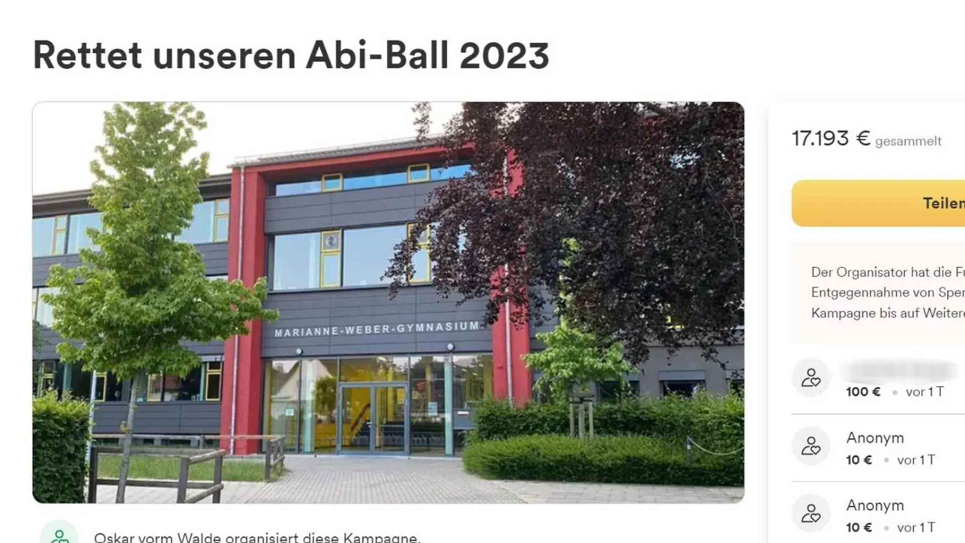 In kürzester Zeit spenden so viele Menschen, dass die Abiturfeier gerettet ist.
