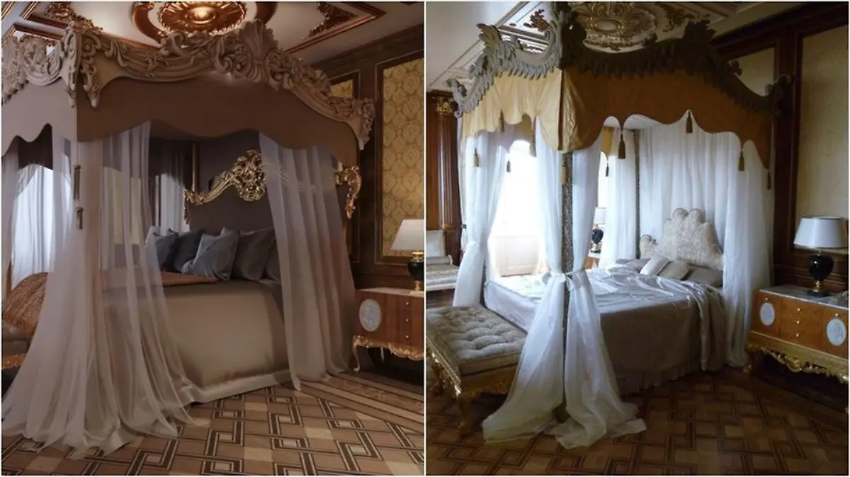 Das Hauptschlafzimmer des Palasts: links die Computer-Rekonstruktion, rechts eine Fotoaufnahme