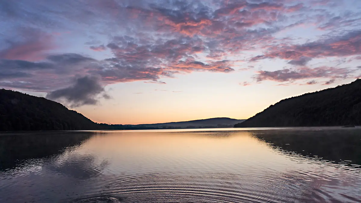 The lac de Chalain in the Jura region in France with setting sun.