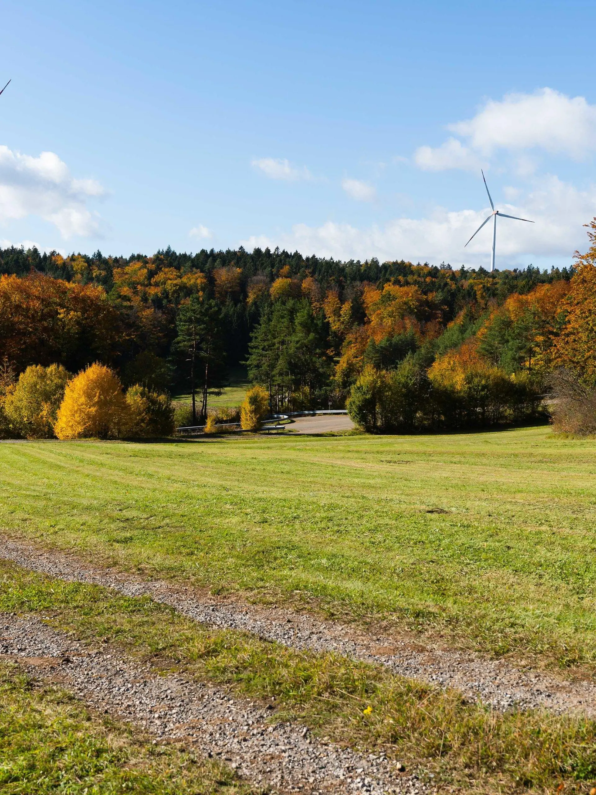 22.10.2021, Bayern, Augsberg: Die Sonne lässt das verfärbte Herbstlaub rund um zwei Windräder aufleuchten. Foto: Nicolas Armer/dpa +++ dpa-Bildfunk +++