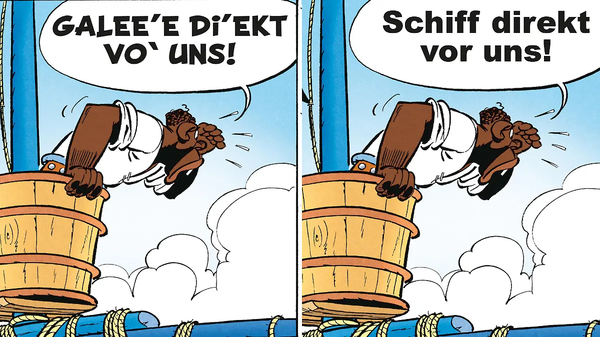 Links: Asterix bei den Olympischen Spielen "classic", rechts das gleiche Panel in Leichter Sprache - das 40. Asterix-Abenteuer "Die weiße Iris" erscheint am 26.10.2023 bei Egmont Ehapa Media