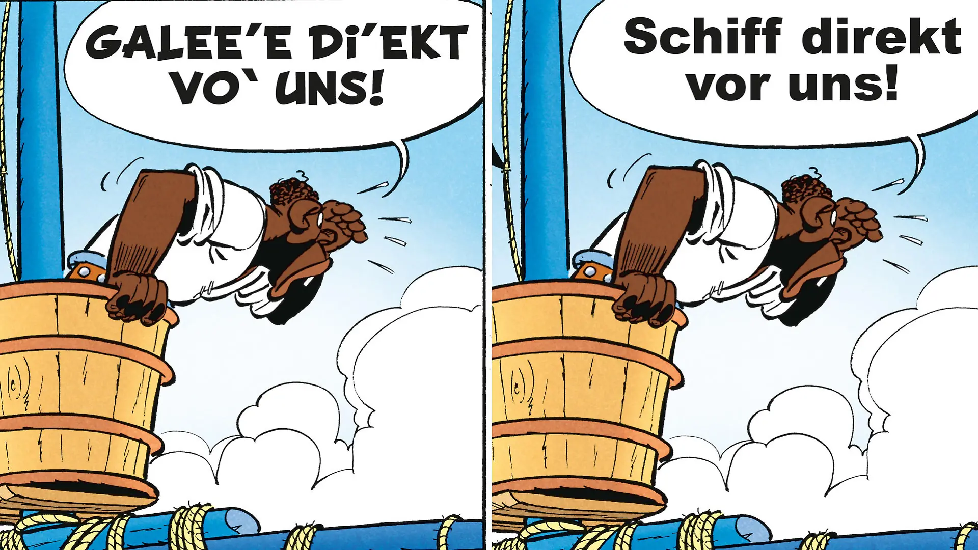 Links: Asterix bei den Olympischen Spielen "classic", rechts das gleiche Panel in Leichter Sprache - das 40. Asterix-Abenteuer "Die weiße Iris" erscheint am 26.10.2023 bei Egmont Ehapa Media