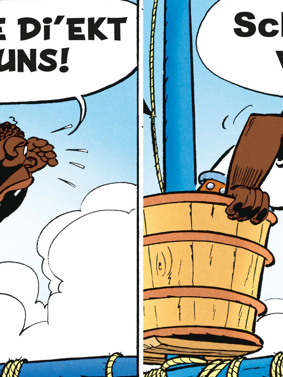 Links: Asterix bei den Olympischen Spielen "classic", rechts das gleiche Panel in Leichter Sprache - das 40. Asterix-Abenteuer "Die weiße Iris" erscheint am 26.10.2023 bei Egmont Ehapa Media
