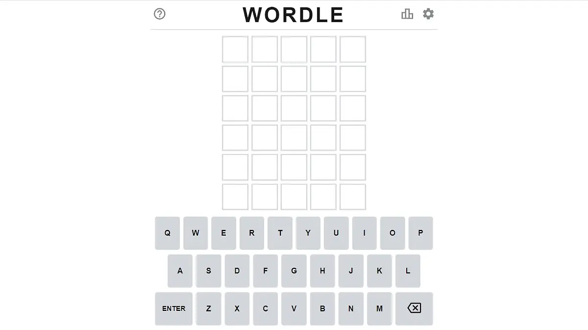 Das "Wordle" Spiel besteht aus einigen leeren Kästchen und einer Tastatur darunter. Der Rest der Oberfläche ist weiß