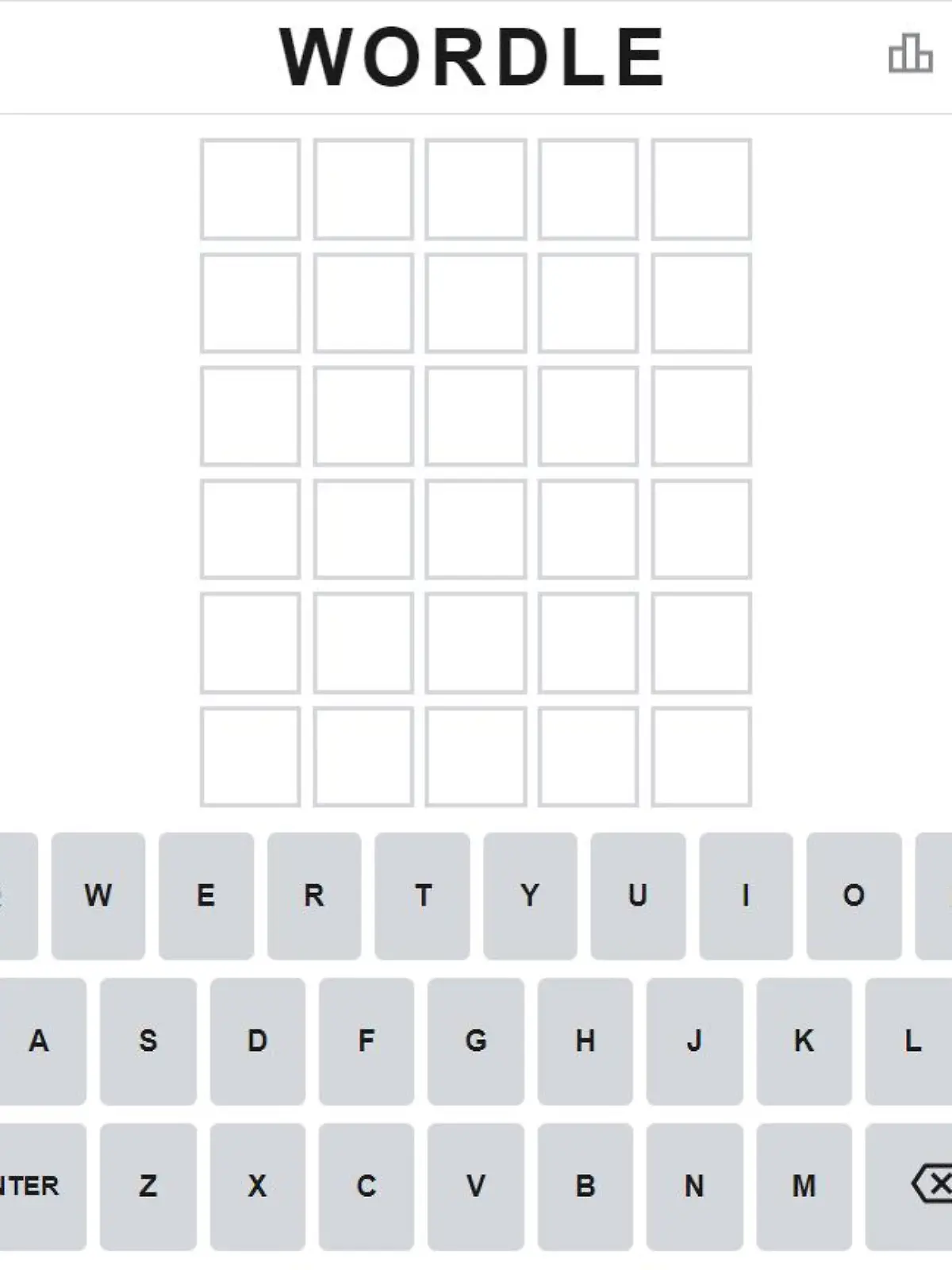 Das "Wordle" Spiel besteht aus einigen leeren Kästchen und einer Tastatur darunter. Der Rest der Oberfläche ist weiß