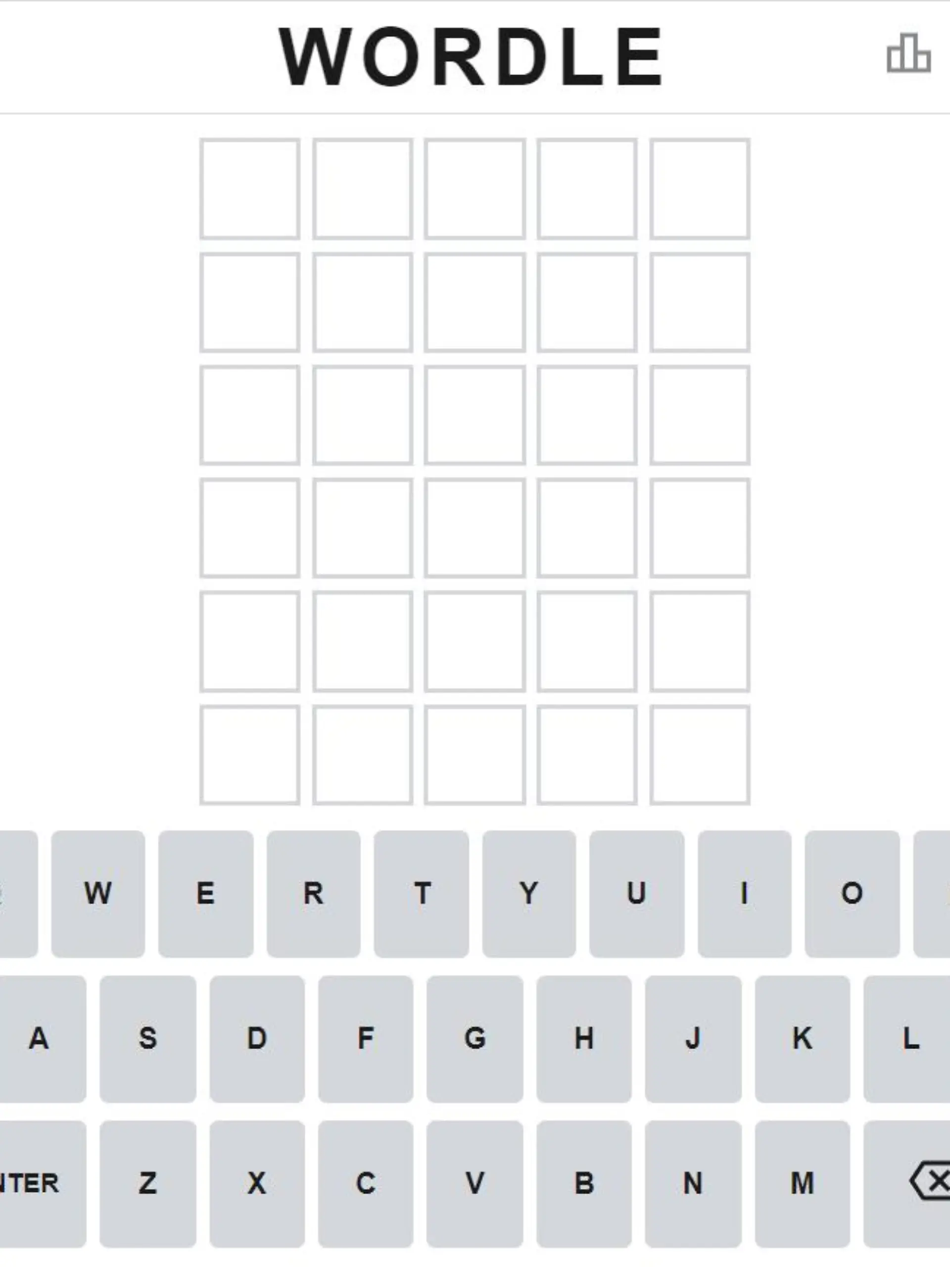 Das "Wordle" Spiel besteht aus einigen leeren Kästchen und einer Tastatur darunter. Der Rest der Oberfläche ist weiß