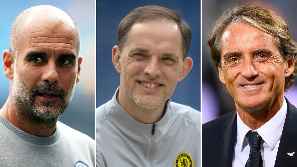 ARCHIV - 06.01.2022, Berlin: Die Fußballtrainer Pep Guardiola (l-r), Thomas Tuchel und Roberto Mancini.    (zu dpa "FIFA-Welttrainer: Tuchel, Guardiola und Mancini sind Finalisten") Foto: Jones/Ferrari/Goodwin/PA/LaPresse via ZUMA Press/dpa +++ dpa-Bildfunk +++