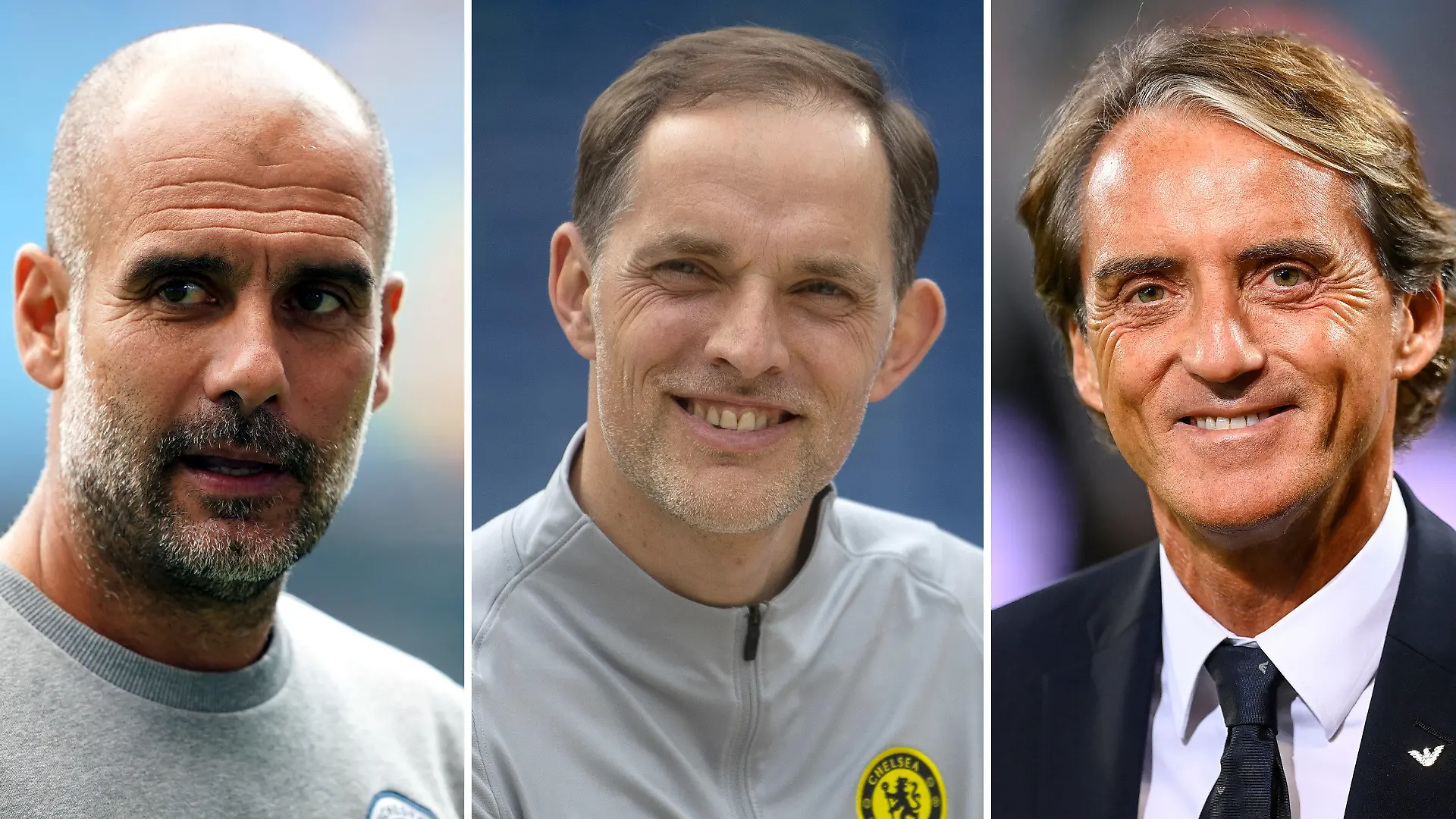 ARCHIV - 06.01.2022, Berlin: Die Fußballtrainer Pep Guardiola (l-r), Thomas Tuchel und Roberto Mancini. (zu dpa "FIFA-Welttrainer: Tuchel, Guardiola und Mancini sind Finalisten") Foto: Jones/Ferrari/Goodwin/PA/LaPresse via ZUMA Press/dpa +++ dpa-Bildfunk +++