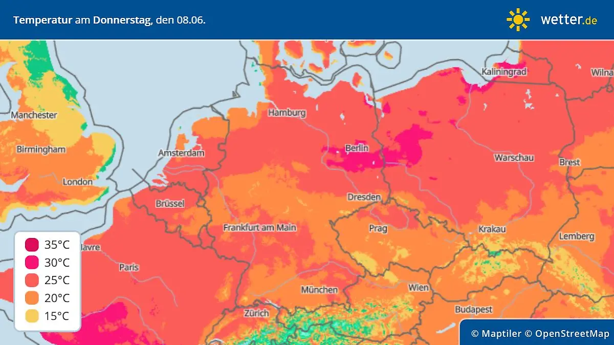 Temperaturhöchstwerte am Donnerstag, 8. Juni, in Deutschland