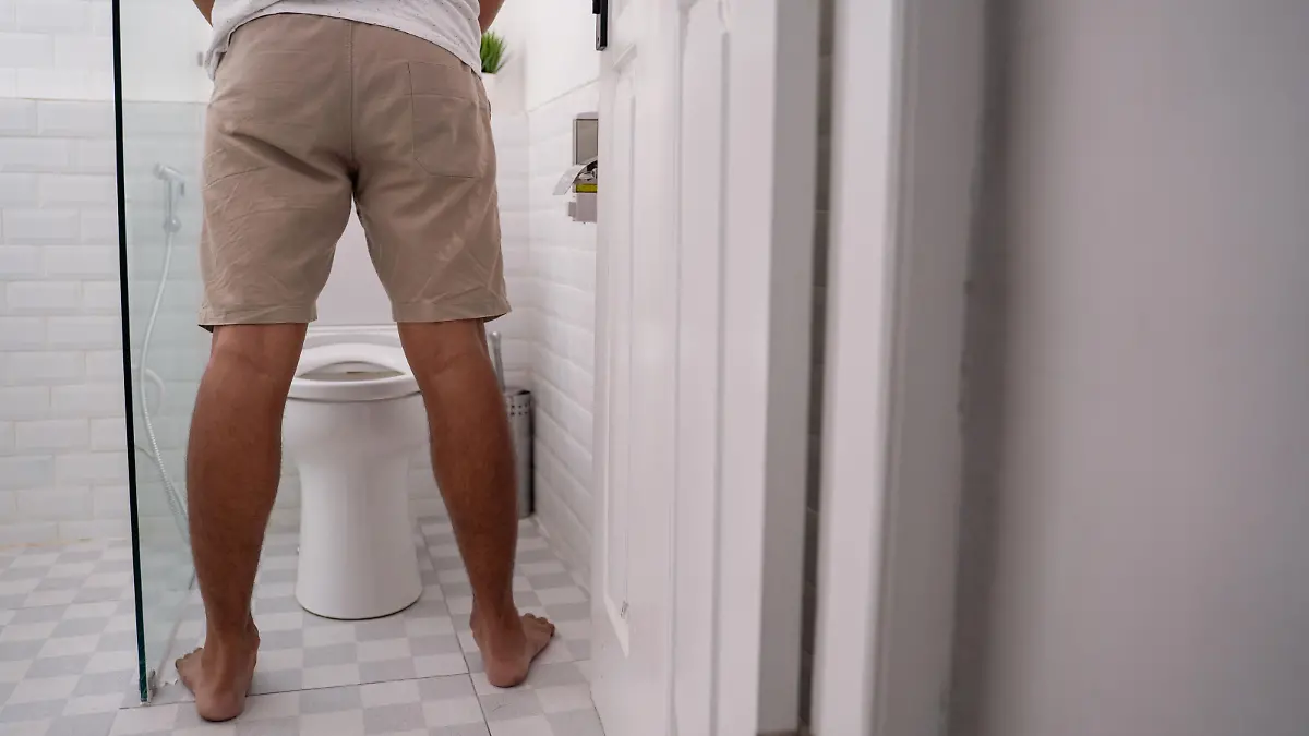 back portrait of man's gesture peeing in a toilet