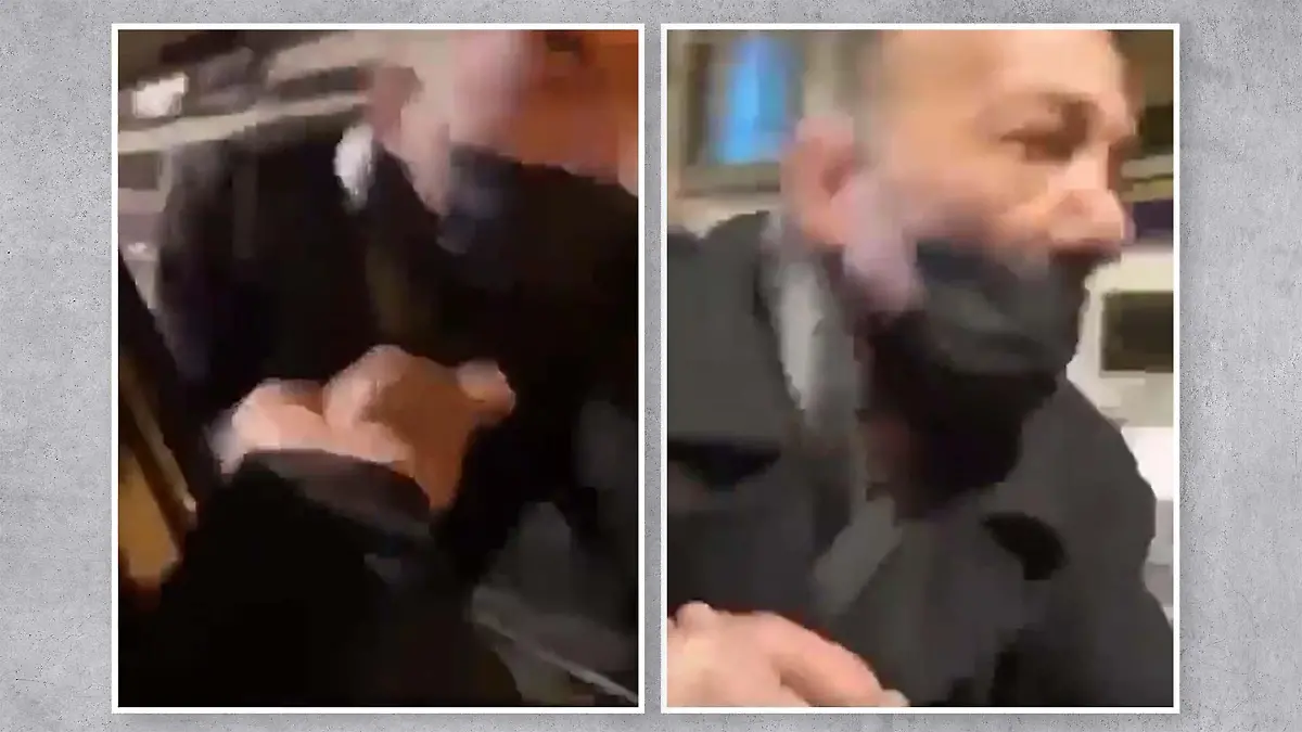 Collage aus zwei Bildern eines Mannes, der vom Fahrer eines fahrenden Autos festgehalten wird und um sein Leben rennt.