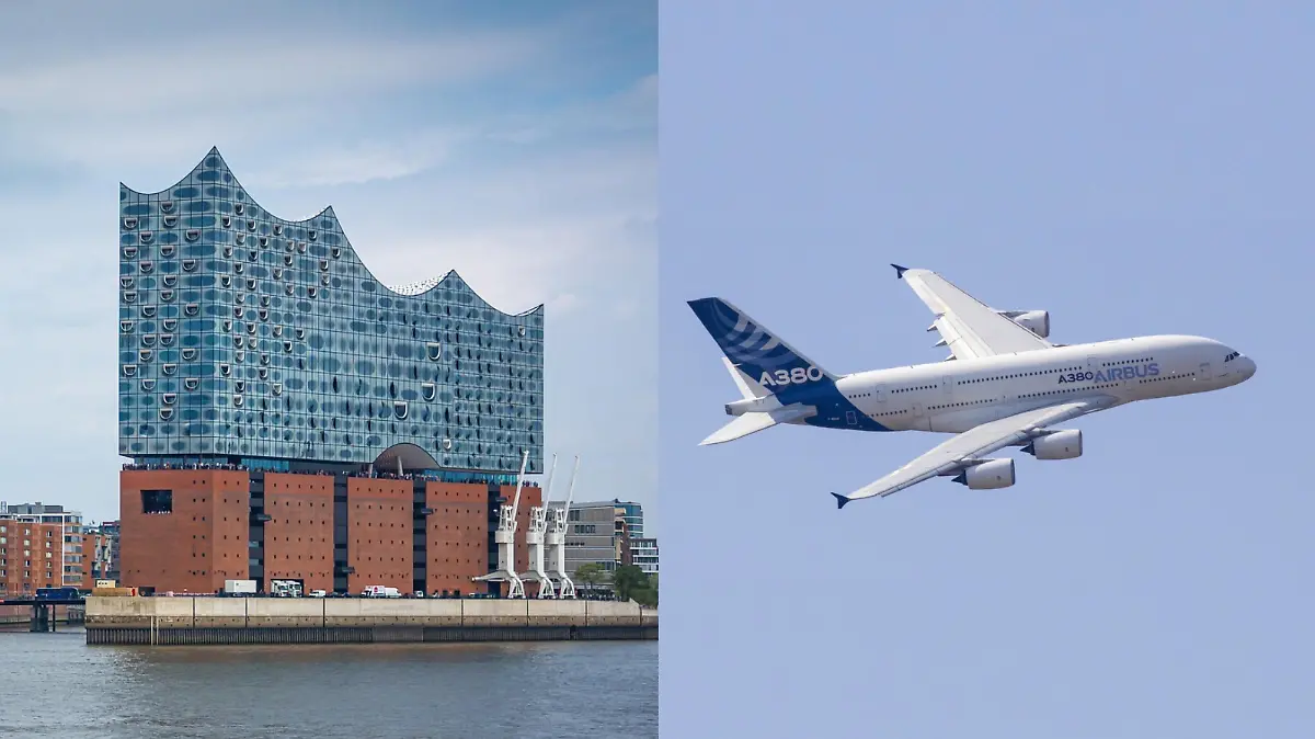 Die Elphi und ein Airbus A-380-Flugzeug