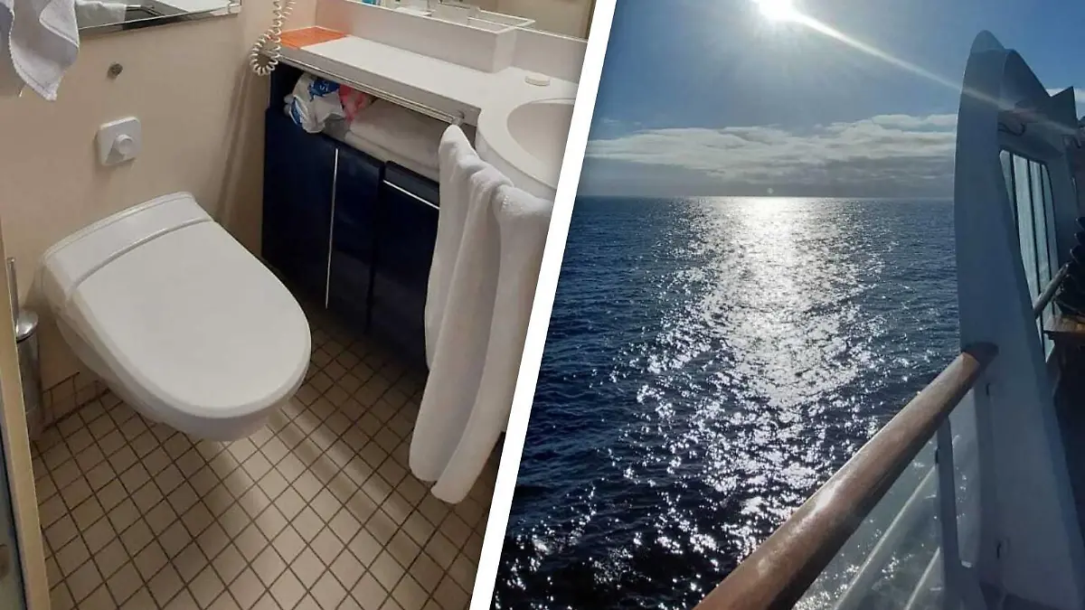 Aussicht auf antarktisches Meer und Schiffsbadezimmer
