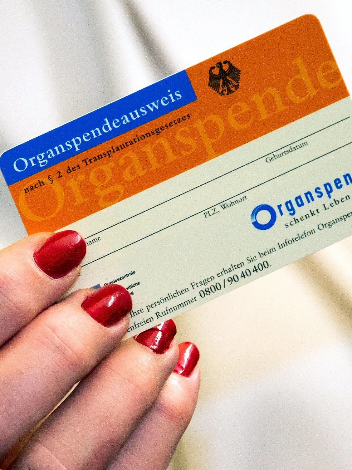 ARCHIV - 01.06.2018, Schleswig-Holstein, Kiel: Eine Frau zeigt im Universitätsklinikum Schleswig-Holstein einen Organspendeausweis. (zu dpa «Norden bei Organspenden weit hinten») Foto: Axel Heimken/dpa +++ dpa-Bildfunk +++