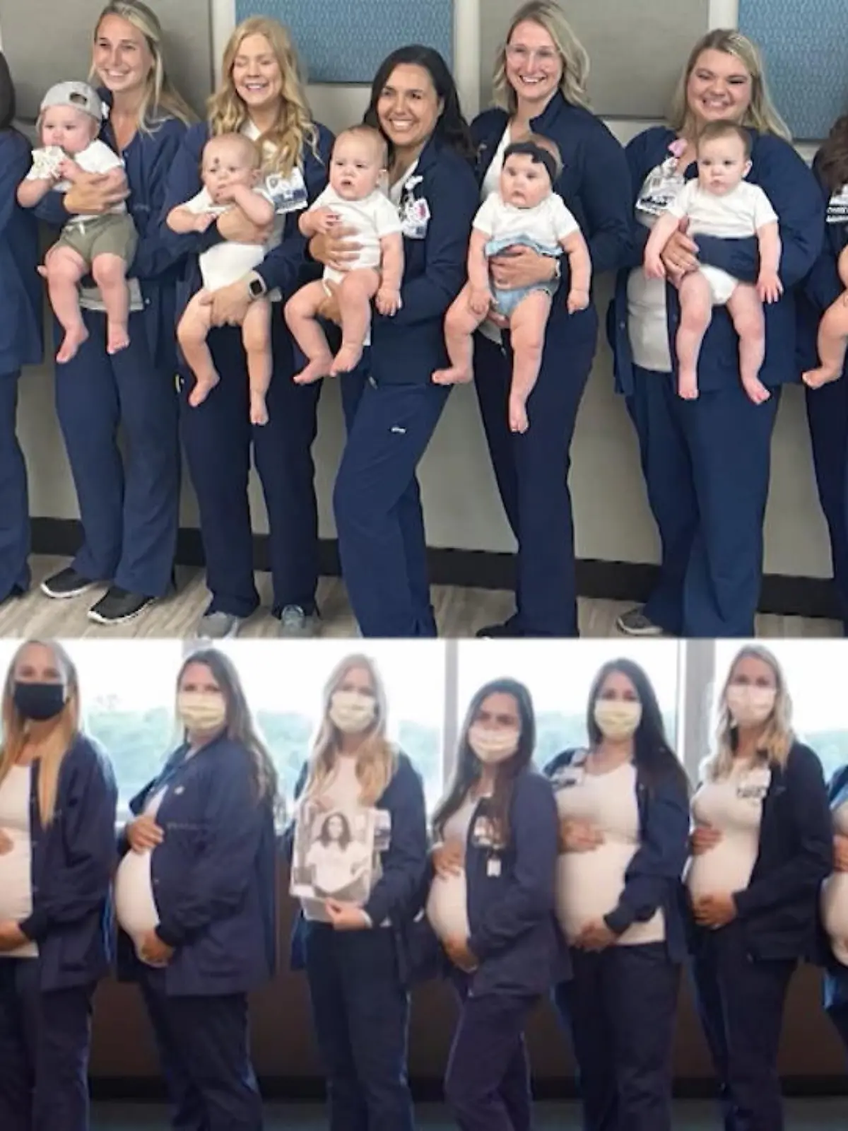 In einem Hospital in Missouri, USA sind 16 Mitarbeiterinnen zeitgleich schwanger geworden. Das war reiner Zufall. Jetzt haben sie sich zum ersten Mal mit ihren Kindern in der Klinik getroffen.
