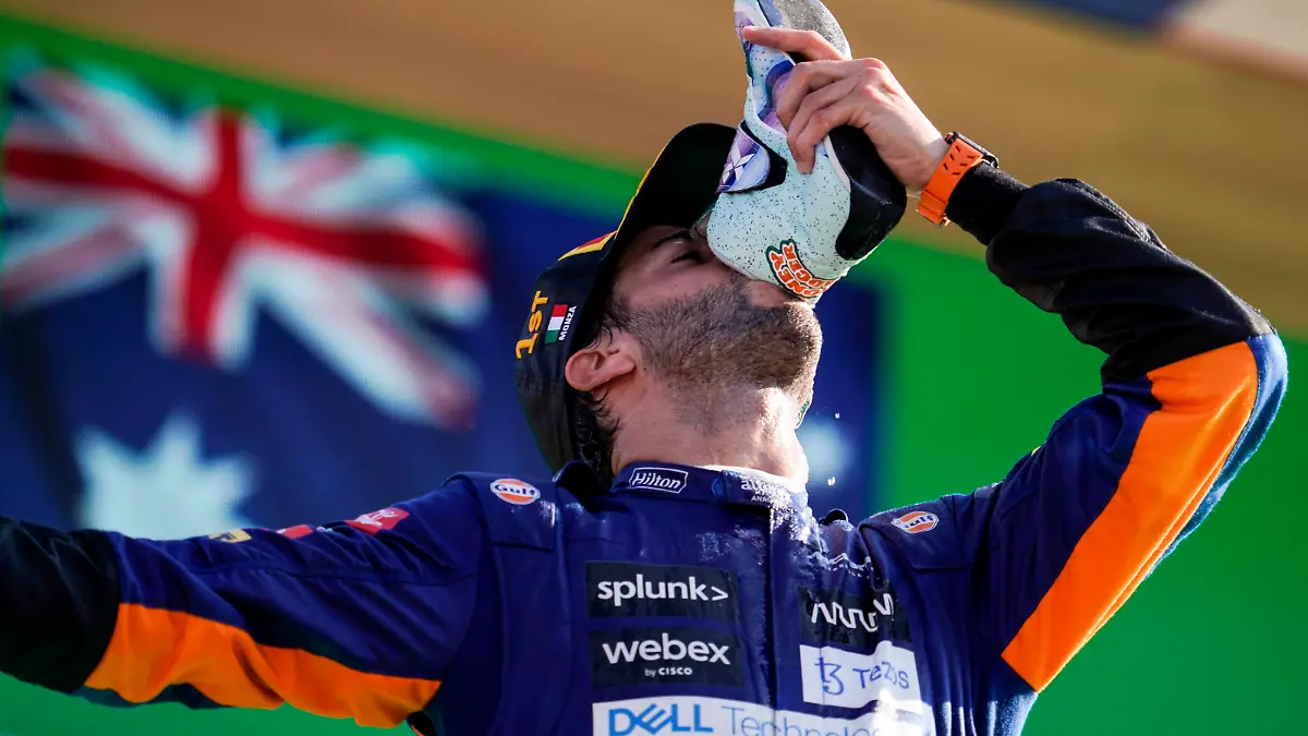  September 12, 2021, Monza, Italy: DANIEL RICCIARDO of Australia and McLaren F1 Team is seen on the podium after winning the 2021 FIA Formula 1 Italian Grand Prix at Autodromo Nazionale Monza in Monza, Italy. Monza Italy - ZUMAg147 20210912_zap_g147_071 Copyright: xJamesxGasperottix