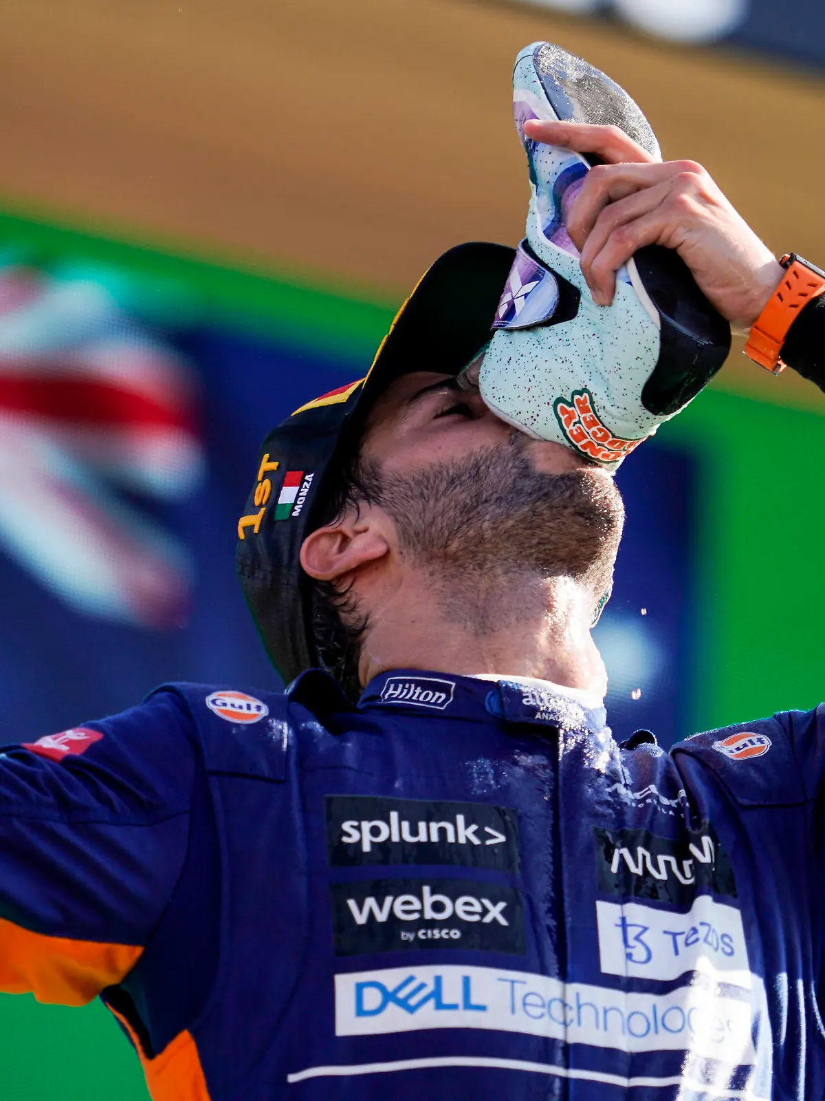  September 12, 2021, Monza, Italy: DANIEL RICCIARDO of Australia and McLaren F1 Team is seen on the podium after winning the 2021 FIA Formula 1 Italian Grand Prix at Autodromo Nazionale Monza in Monza, Italy. Monza Italy - ZUMAg147 20210912_zap_g147_071 Copyright: xJamesxGasperottix