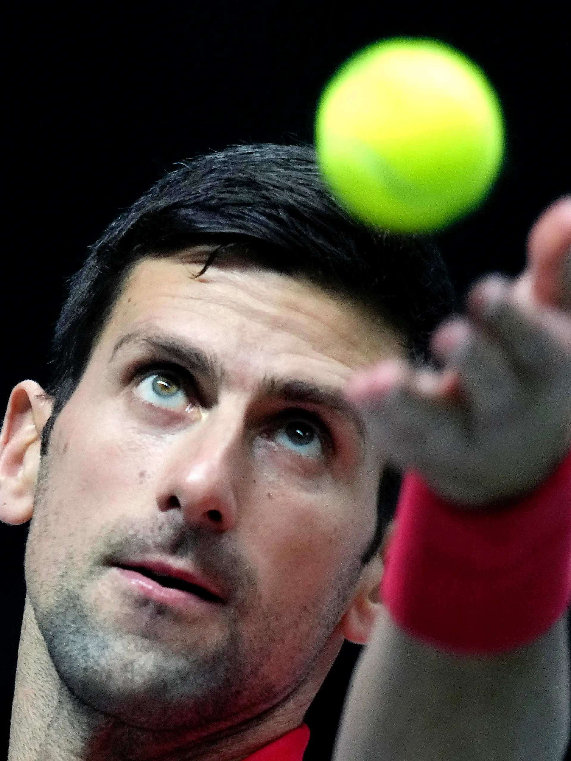 ARCHIV - 27.11.2021, Österreich, Innsbruck: Tennis, Herren: Davis Cup - Gruppenphase, Gruppe F, Gruppenspielrunde, Serbien - Deutschland: Novak Djokovic aus Serbien in Aktion. Kurz nach der Landung in Melbourne nahm die Farce um Tennis-Superstar Novak Djokovic eine jähe Wendung. Trotz seiner umstrittenen medizischen Ausnahmegenehmigung für den Start bei den Australian Open verweigerten die Grenzschützer dem wohl ungeimpften Serben die Einreise, weil sein Visum offenkundig ungültig war. (zu dpa: «Farce um Djokovic: Einreise trotz Ausnahmegenehmigung verweigert») Foto: Michael Probst/AP/dpa +++ dpa-Bildfunk +++