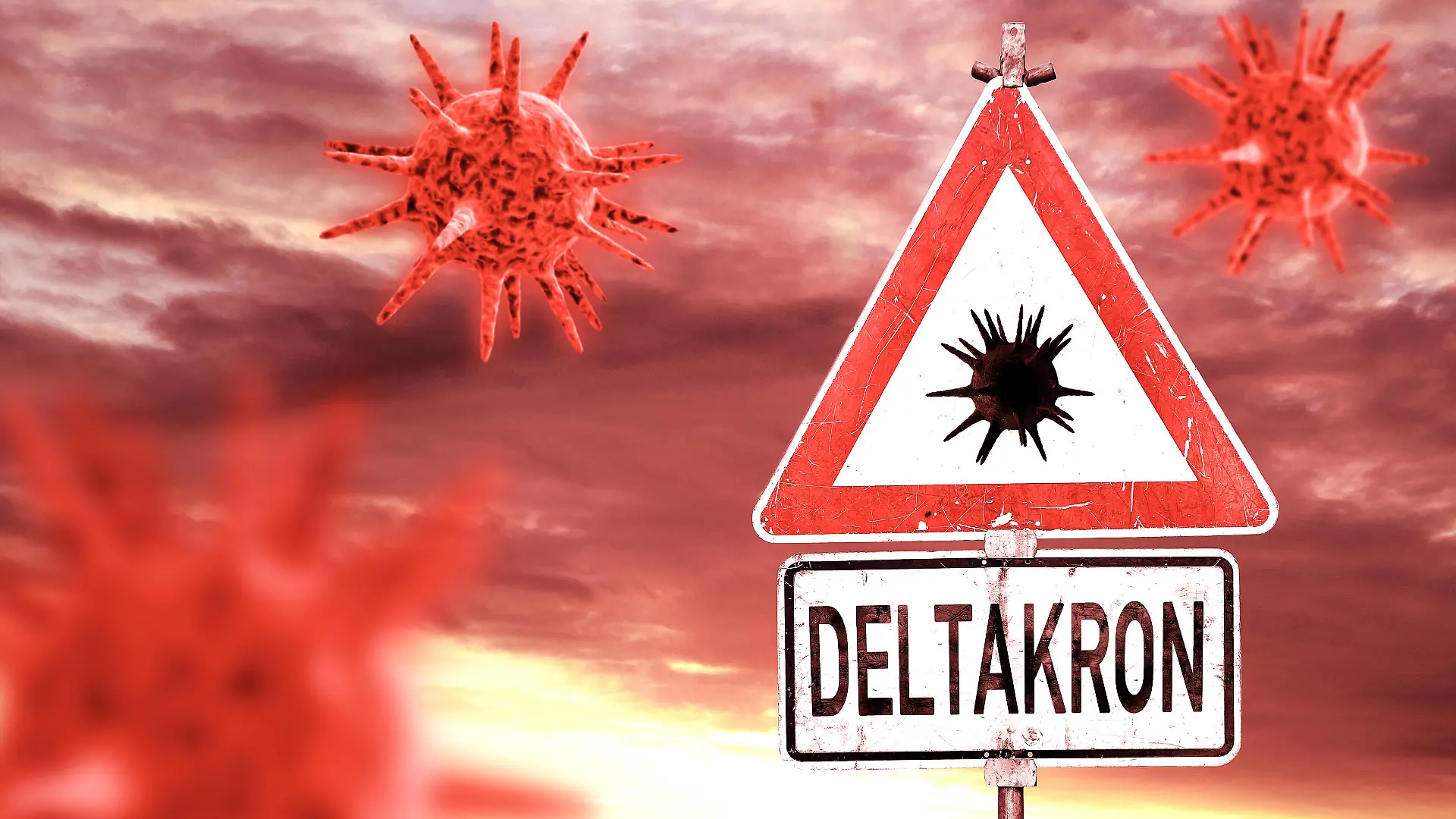 09 January 2022: Deltacron new covid-19 coronavirus mutant mutation of sars cov 2 virus a mixture of the delta and omicron variant, warning sign symbol delta cron *** Deltakron neue Covid-19 Coronavirus Mutante Mutation des Sars Cov 2 Virus eine Mischung aus der Delta und Omikron Variante, Warnschild Symbol Delta Kron xFOTOMONTAGEx