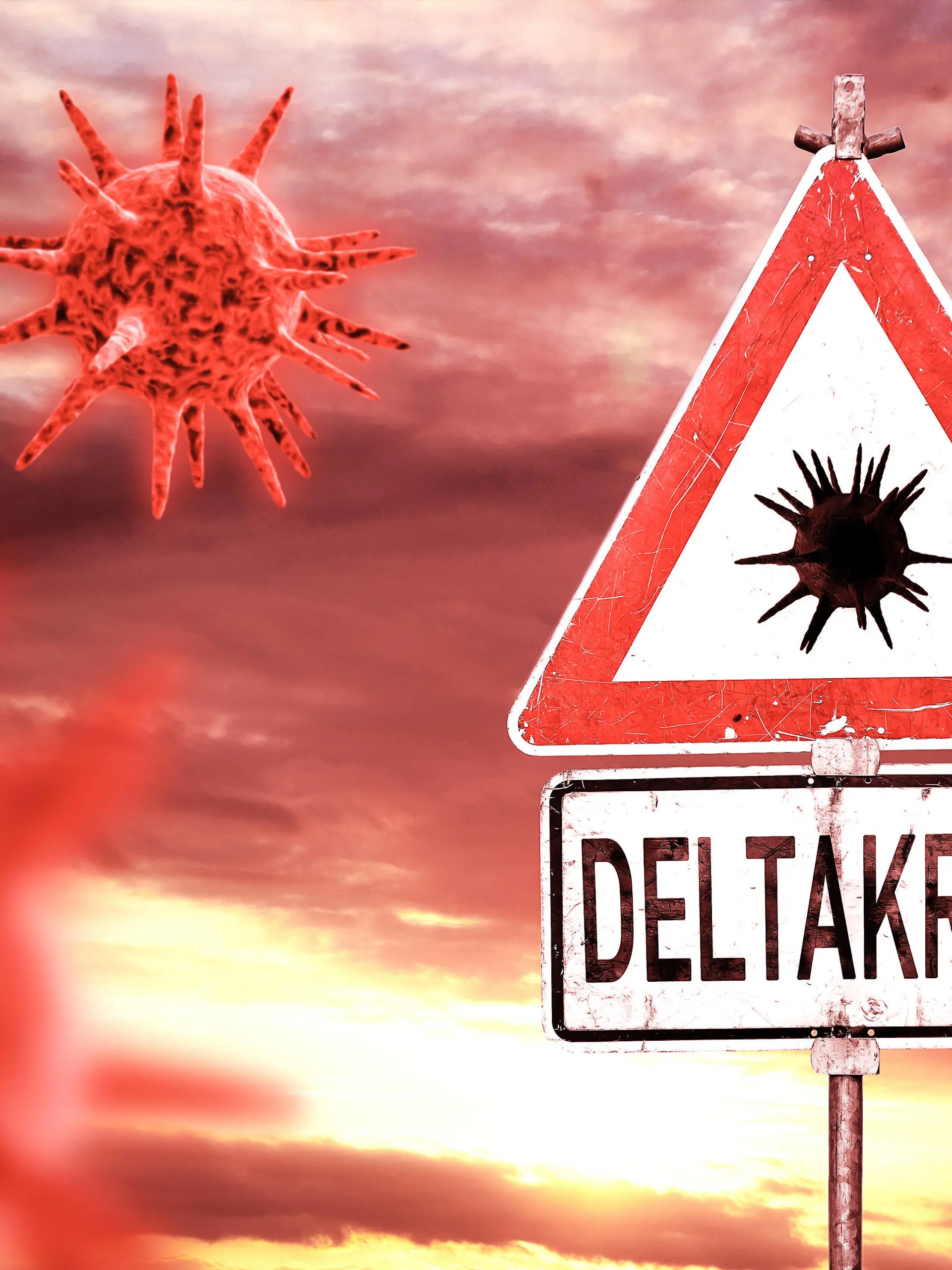  09 January 2022: Deltacron new covid-19 coronavirus mutant mutation of sars cov 2 virus a mixture of the delta and omicron variant, warning sign symbol delta cron *** Deltakron neue Covid-19 Coronavirus Mutante Mutation des Sars Cov 2 Virus eine Mischung aus der Delta und Omikron Variante, Warnschild Symbol Delta Kron xFOTOMONTAGEx