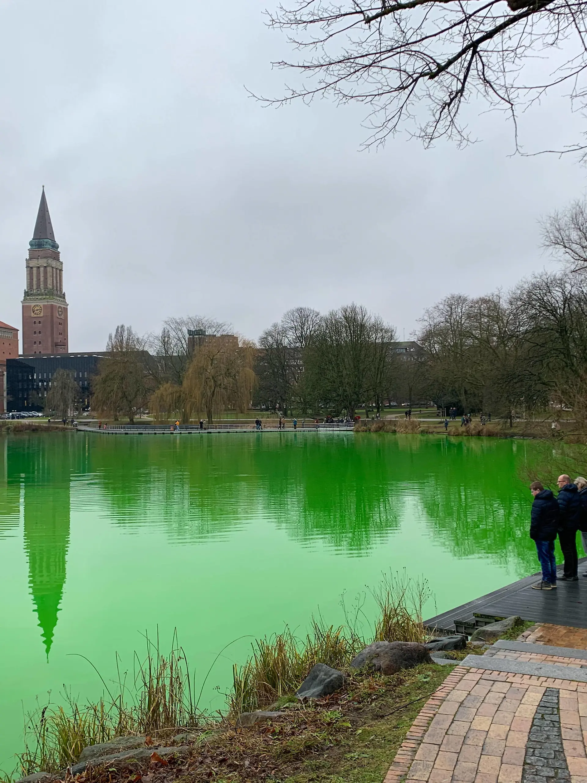 News Bilder des Tages Kiel, 9. Januar 2022, Hot Spot für Spaziergänger heute in der Innenstadt. Das Wasser des Kleinen Kiel See im Hiroshimapark färbte sich am Morgen hellgrün. Ein Fernwärmerohr ist geplatzt und die Leckage wird durch Einfärben des Wassers gesucht. Die ganze Innenstadt ist seit Stunden ohne Heizung und Warmwasser. *** Kiel, 9 January 2022, hot spot for walkers today in the city center The water of the Small Kiel Lake in Hiroshimapark turned bright green in the morning A district heating pipe has burst and the leakage is searched by coloring the water The whole city center has been without heating and hot water for hours