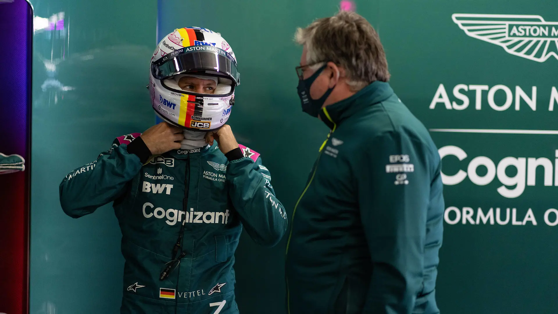 Formula 1 2021: Portuguese GP ALGARVE INTERNATIONAL CIRCUIT, PORTUGAL - MAY 01: Sebastian Vettel, Aston Martin, with Otmar Szafnauer, Team Principal and CEO, Aston Martin F1 during the Portuguese GP at Algarve International Circuit on Saturday May 01, 2021 in Portimao, Portugal. Photo by Glenn Dunbar / LAT Images Images PUBLICATIONxINxGERxSUIxAUTxHUNxONLY GP2103_125439_J5A4227