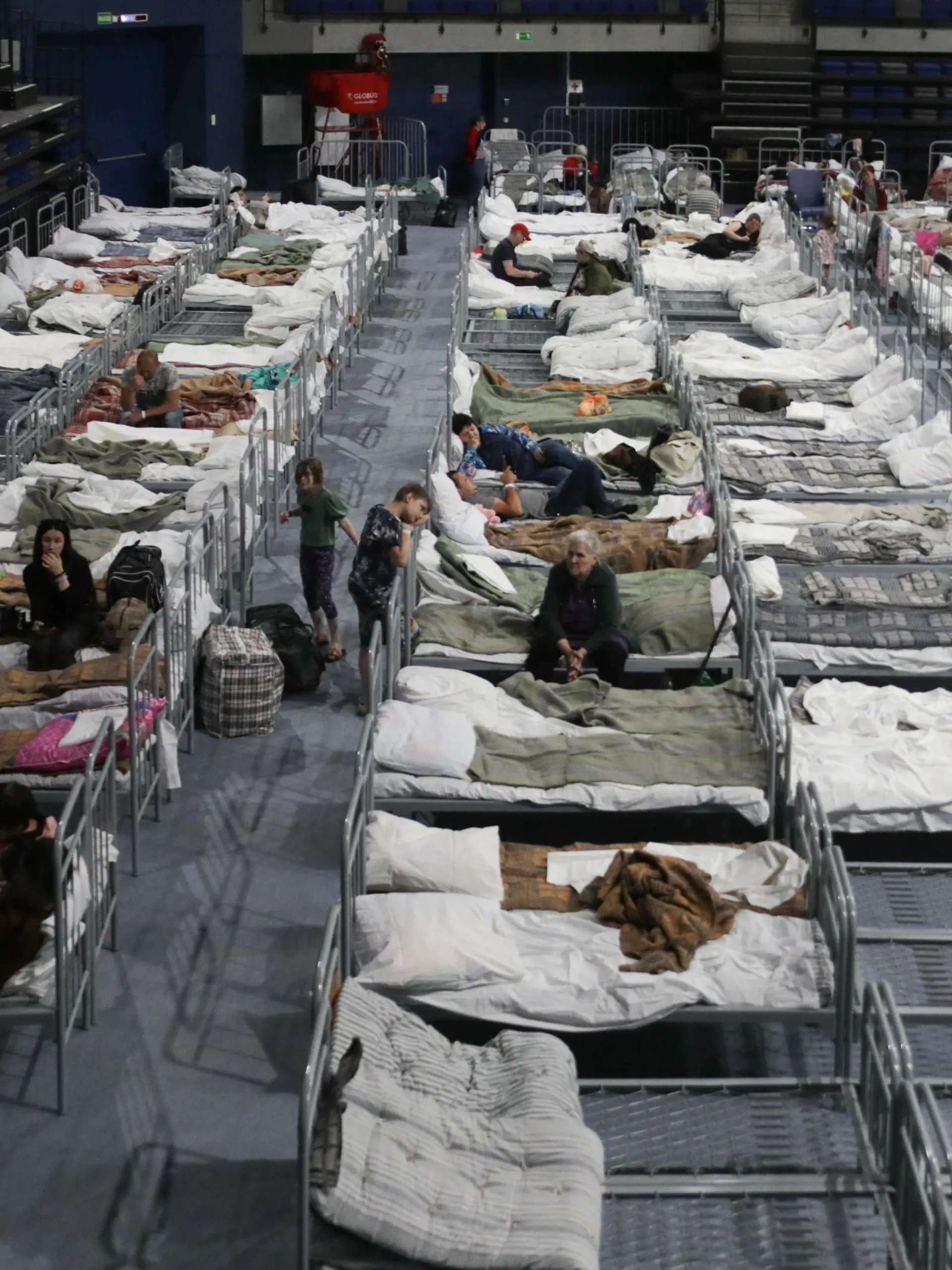 June 2.2023. Russia. Belgorod. Residents of the settlement of Shebekino at the temporary accommodation point in the Belgorod Arena. Six temporary accommodation points (PVR), which can accommodate more than 3 thousand people, have been prepared in Belgorod for residents of the Shebekinsky urban district, which suffered from shelling by the Armed Forces of Ukraine (AFU).