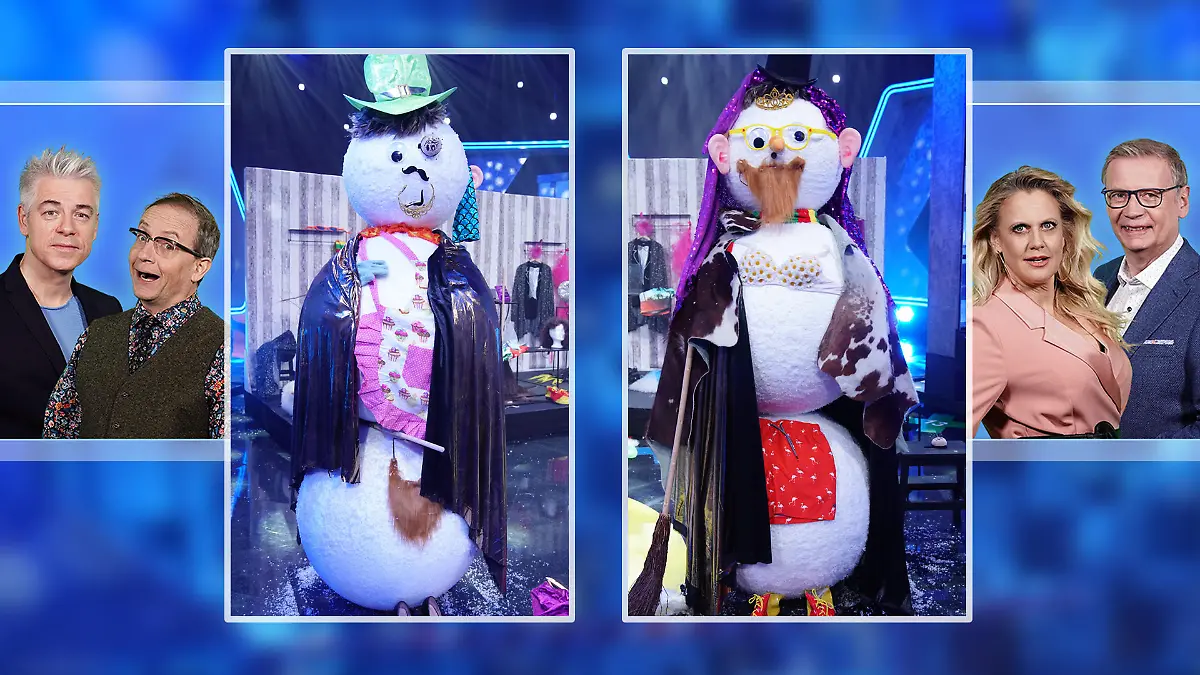LINKS: Die Schneefigur Wigald Boning und Michael Mittermeier, RECHTS: Die Schneefigur von on Barbara Schöneberger und Günther Jauch .