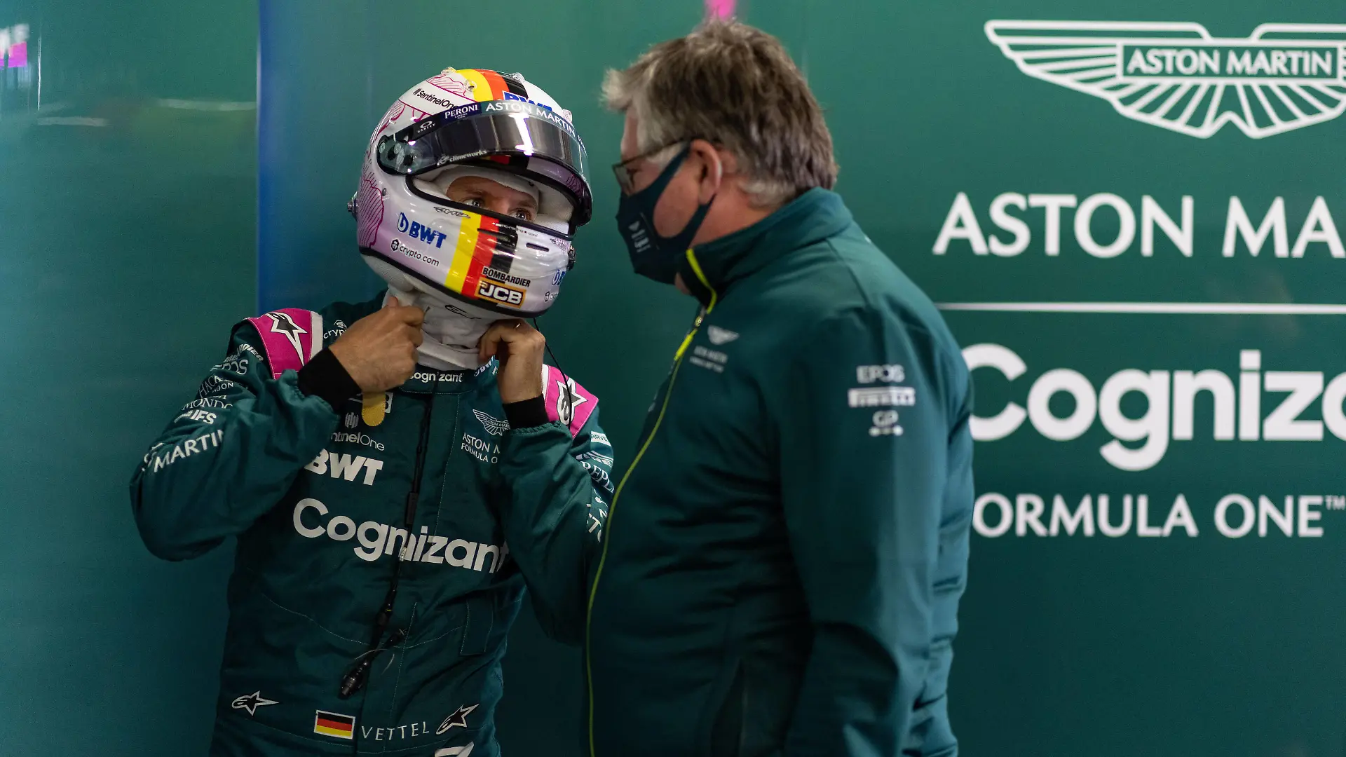 Formula 1 2021: Portuguese GP ALGARVE INTERNATIONAL CIRCUIT, PORTUGAL - MAY 01: Sebastian Vettel, Aston Martin, with Otmar Szafnauer, Team Principal and CEO, Aston Martin F1 during the Portuguese GP at Algarve International Circuit on Saturday May 01, 2021 in Portimao, Portugal. Photo by Glenn Dunbar / LAT Images Images PUBLICATIONxINxGERxSUIxAUTxHUNxONLY GP2103_125442_J5A4235