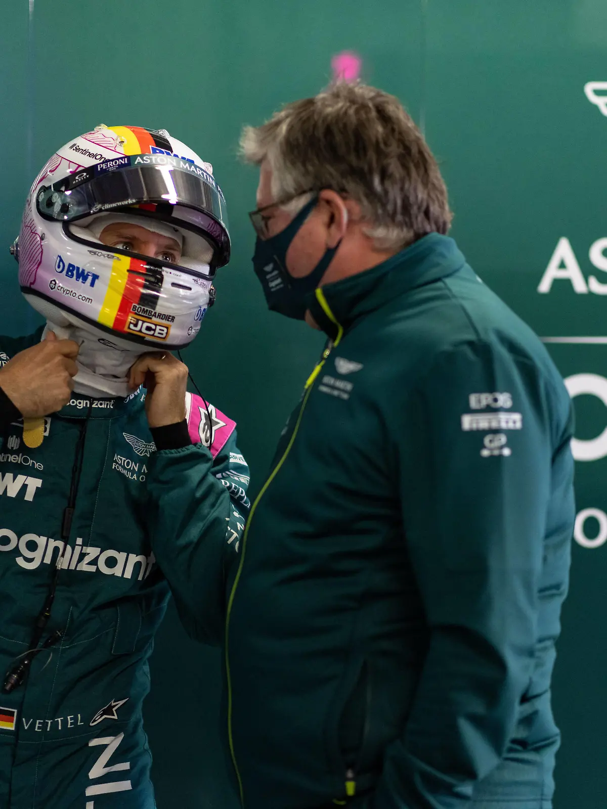 Formula 1 2021: Portuguese GP ALGARVE INTERNATIONAL CIRCUIT, PORTUGAL - MAY 01: Sebastian Vettel, Aston Martin, with Otmar Szafnauer, Team Principal and CEO, Aston Martin F1 during the Portuguese GP at Algarve International Circuit on Saturday May 01, 2021 in Portimao, Portugal. Photo by Glenn Dunbar / LAT Images Images PUBLICATIONxINxGERxSUIxAUTxHUNxONLY GP2103_125442_J5A4235 