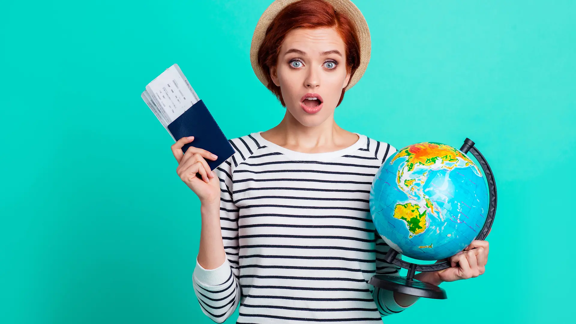 Earth people rest relax resort recreation hot weather concept. Afraid panic stupor speechless with open mouth she her holding document two train tickets globe in hand isolated turquoise background