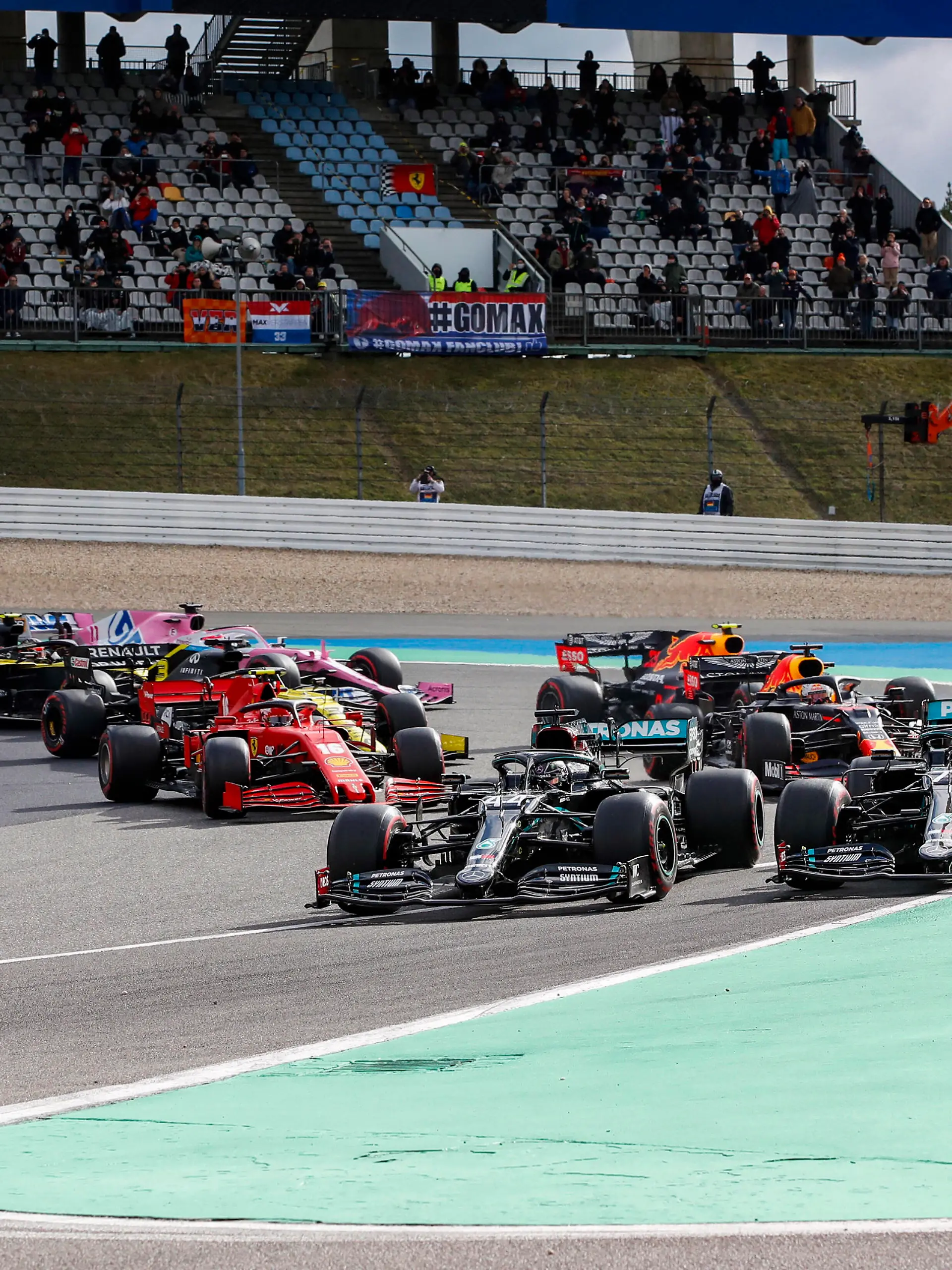  2020 Eifel GP NüRBURGRING, GERMANY - OCTOBER 11: Valtteri Bottas, Mercedes F1 W11 EQ Performance, and Lewis Hamilton, Mercedes F1 W11 EQ Performance, lead the field away at the start during the Eifel GP at Nürburgring on Sunday October 11, 2020, Germany. Photo by Zak Mauger / LAT Images Images PUBLICATIONxINxGERxSUIxAUTxHUNxONLY GP2010_121319_56I2898