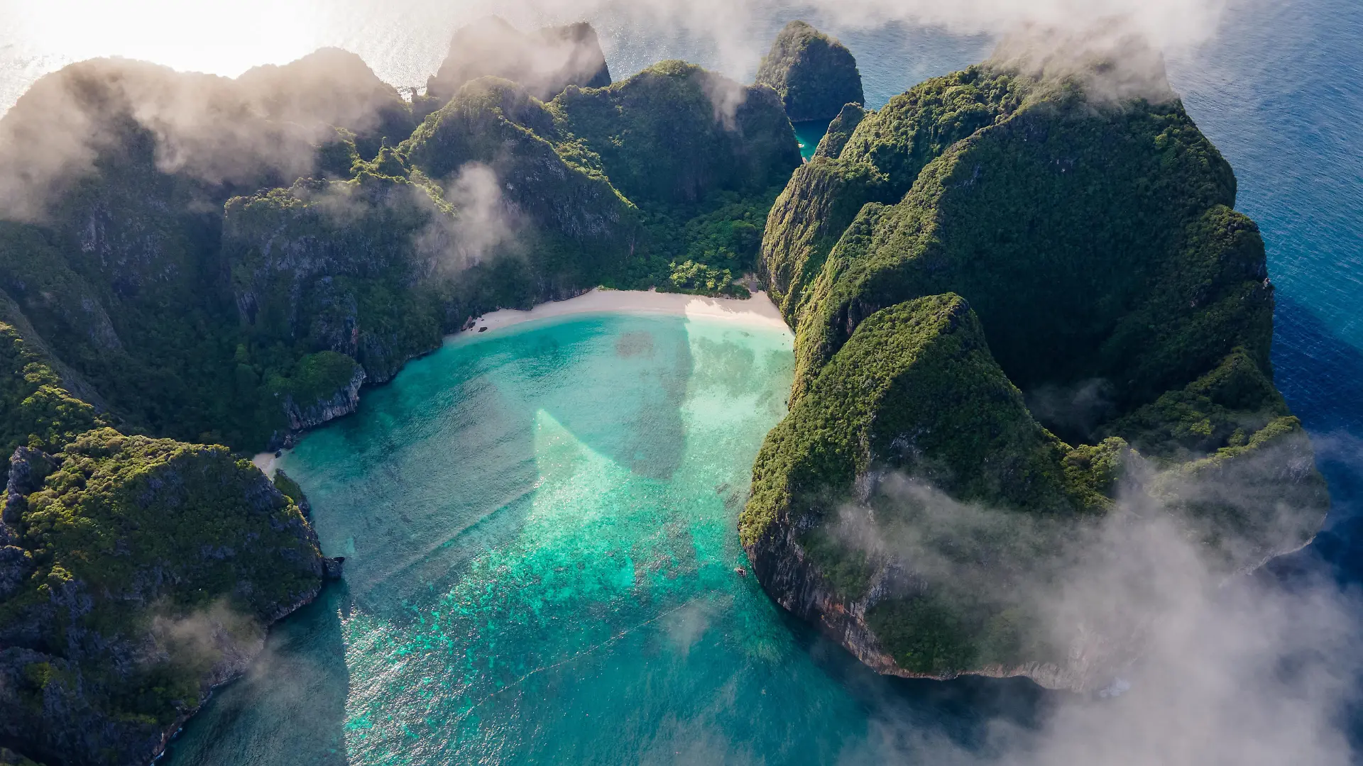 Maya Bay Koh Phi Phi Thailand, Turquoise clear water Thailand Koh Pi Pi, Scenic aerial view of Koh Phi Phi Island in Thailand.