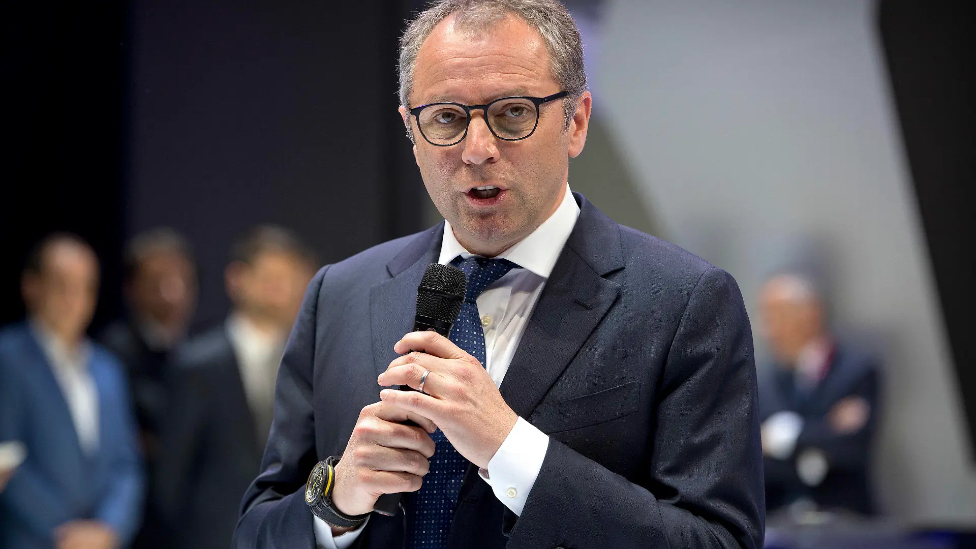 FILE- In this April 25, 2018, file photo, Stefano Domenicali, CEO of Lamborghini, speaks during a press conference at the China Auto Show in Beijing. Domenicali is replacing Chase Carey as president and CEO of Formula One from next year, F1 also announced on Friday, Sept. 25, 2020. The 55-year-old Domenicali spent 23 years with Ferrari until 2014 and later worked with Audi before his most recent job as CEO of sports car maker Lamborghini.  (AP Photo/Mark Schiefelbein, File)
