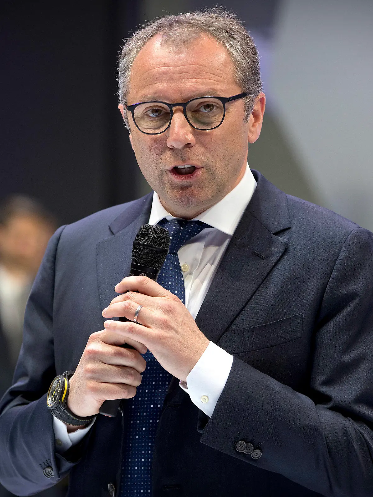 FILE- In this April 25, 2018, file photo, Stefano Domenicali, CEO of Lamborghini, speaks during a press conference at the China Auto Show in Beijing. Domenicali is replacing Chase Carey as president and CEO of Formula One from next year, F1 also announced on Friday, Sept. 25, 2020. The 55-year-old Domenicali spent 23 years with Ferrari until 2014 and later worked with Audi before his most recent job as CEO of sports car maker Lamborghini.  (AP Photo/Mark Schiefelbein, File)