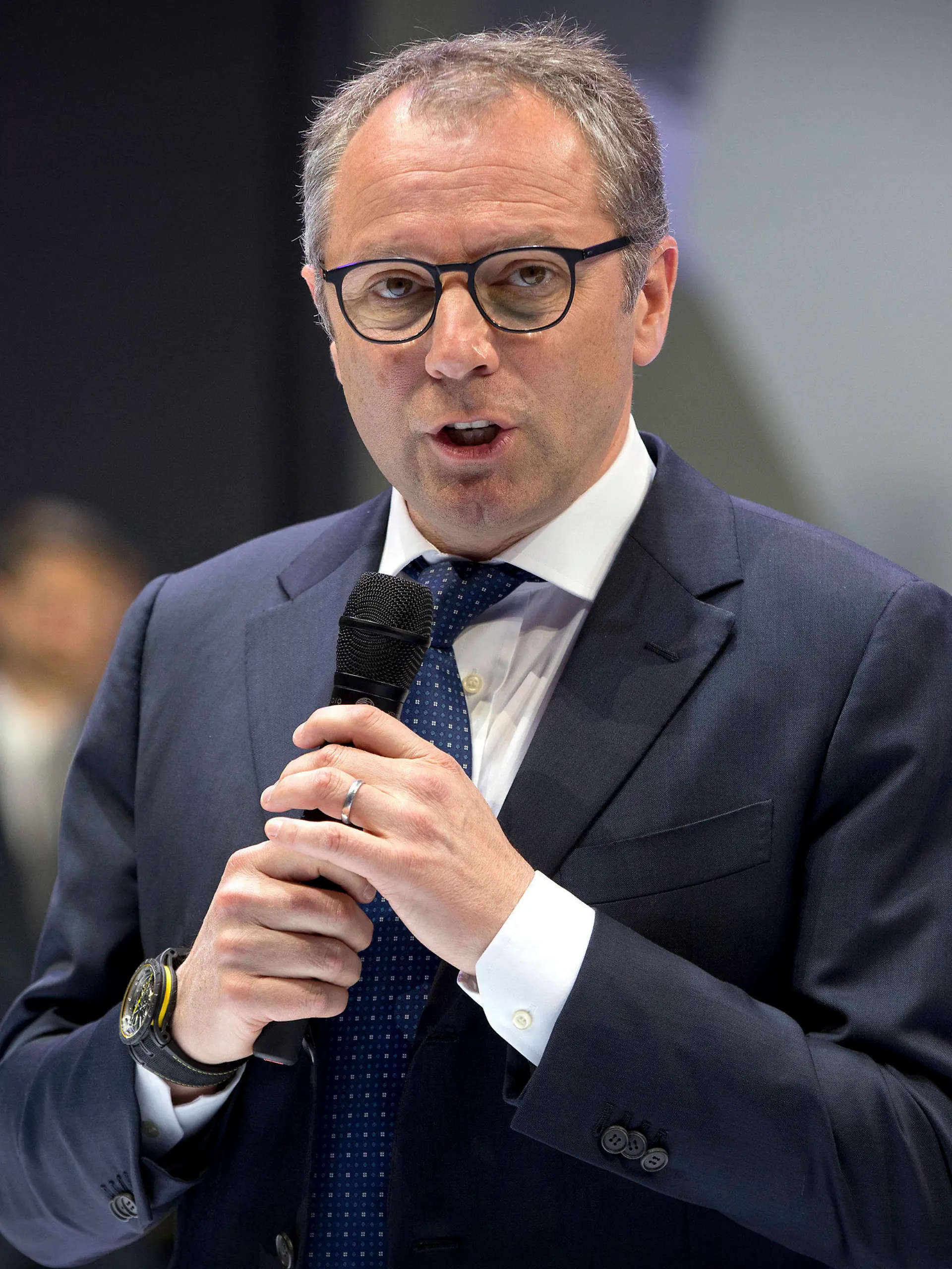 FILE- In this April 25, 2018, file photo, Stefano Domenicali, CEO of Lamborghini, speaks during a press conference at the China Auto Show in Beijing. Domenicali is replacing Chase Carey as president and CEO of Formula One from next year, F1 also announced on Friday, Sept. 25, 2020. The 55-year-old Domenicali spent 23 years with Ferrari until 2014 and later worked with Audi before his most recent job as CEO of sports car maker Lamborghini.  (AP Photo/Mark Schiefelbein, File)