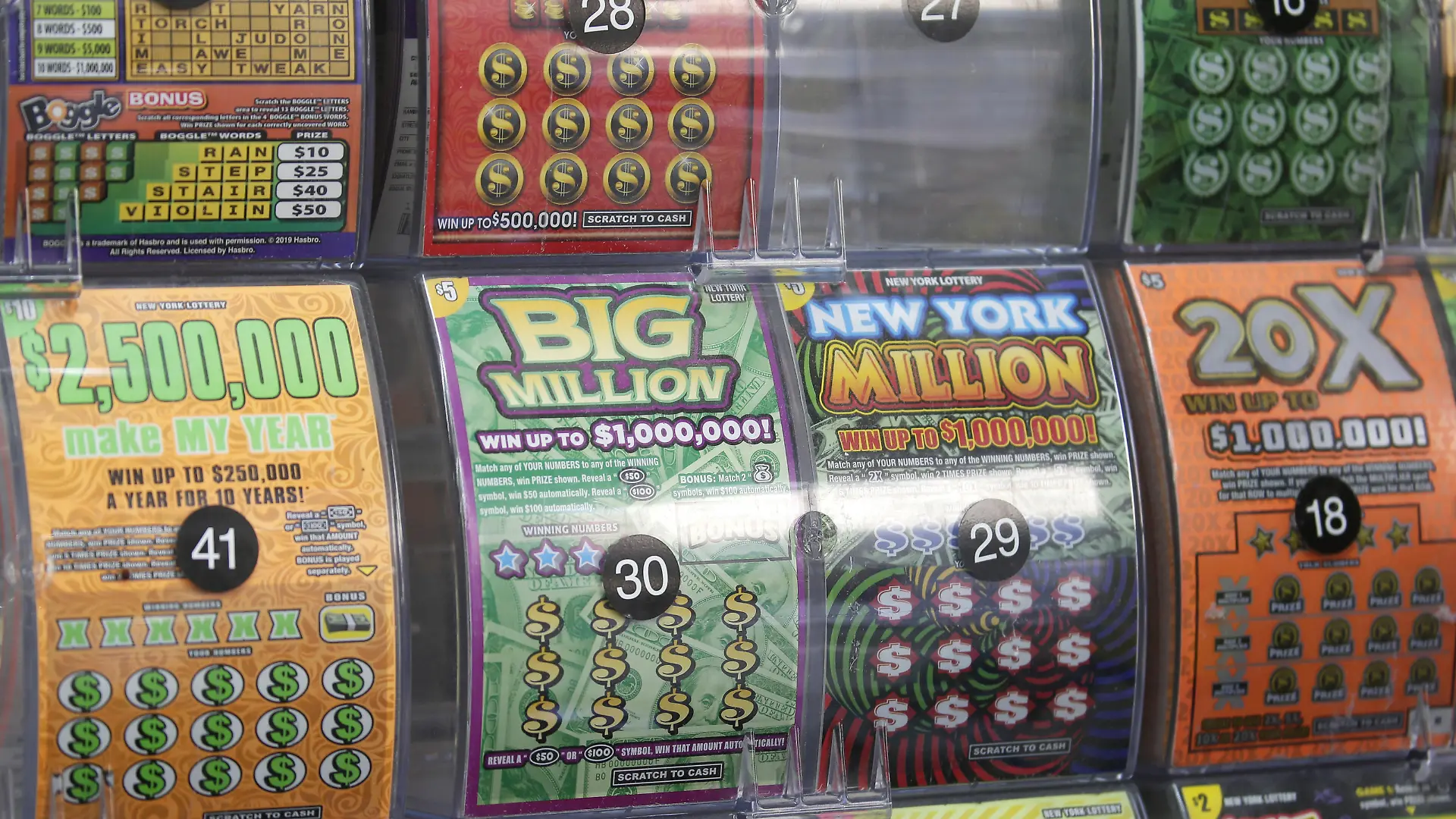Scratch off lottery tickets are on display inside a store in New York City on Tuesday, January 12, 2021. The upcoming Mega Millions and Powerball multi-state drawings are worth a combined over 1 billion dollars and are each among the 12 largest lottery drawings in U.S. lottery history. Photo by John Angelillo/UPI Photo via Newscom picture alliance