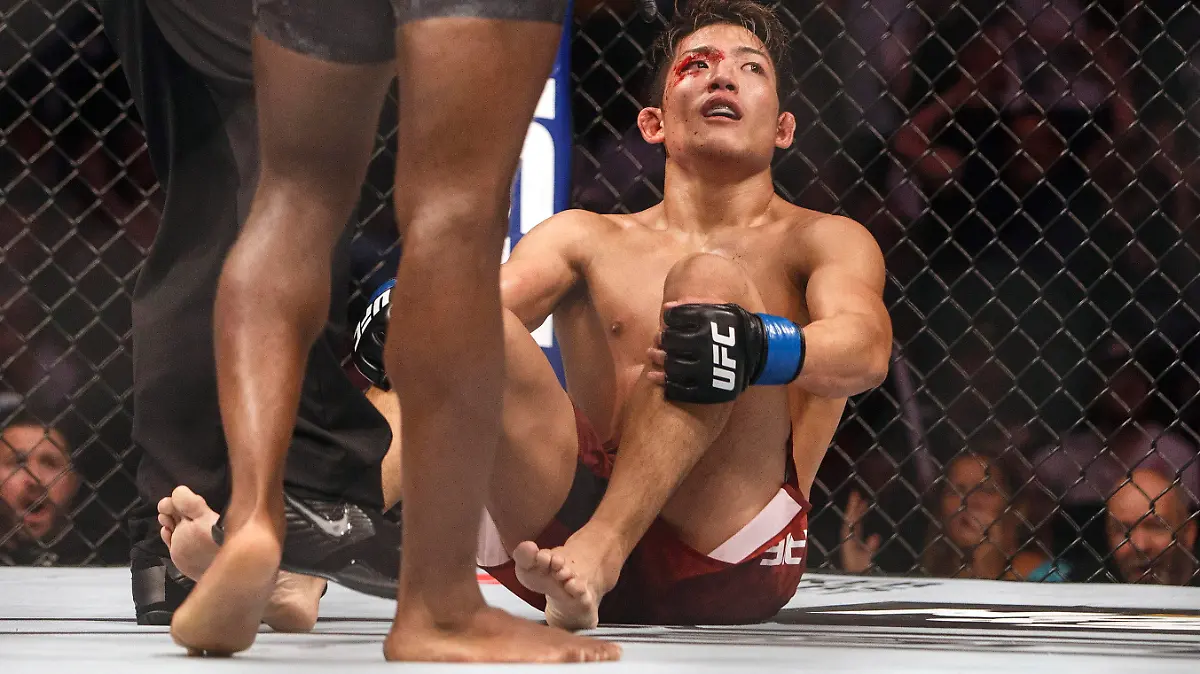 Hakeem Dawodu, front left, stands over Yoshinori Horie, right, who was knocked down during their mixed martial arts bout at UFC 240 in Edmonton, Alberta, Saturday, July 27, 2019. (Jason Franson/The Canadian Press via AP)