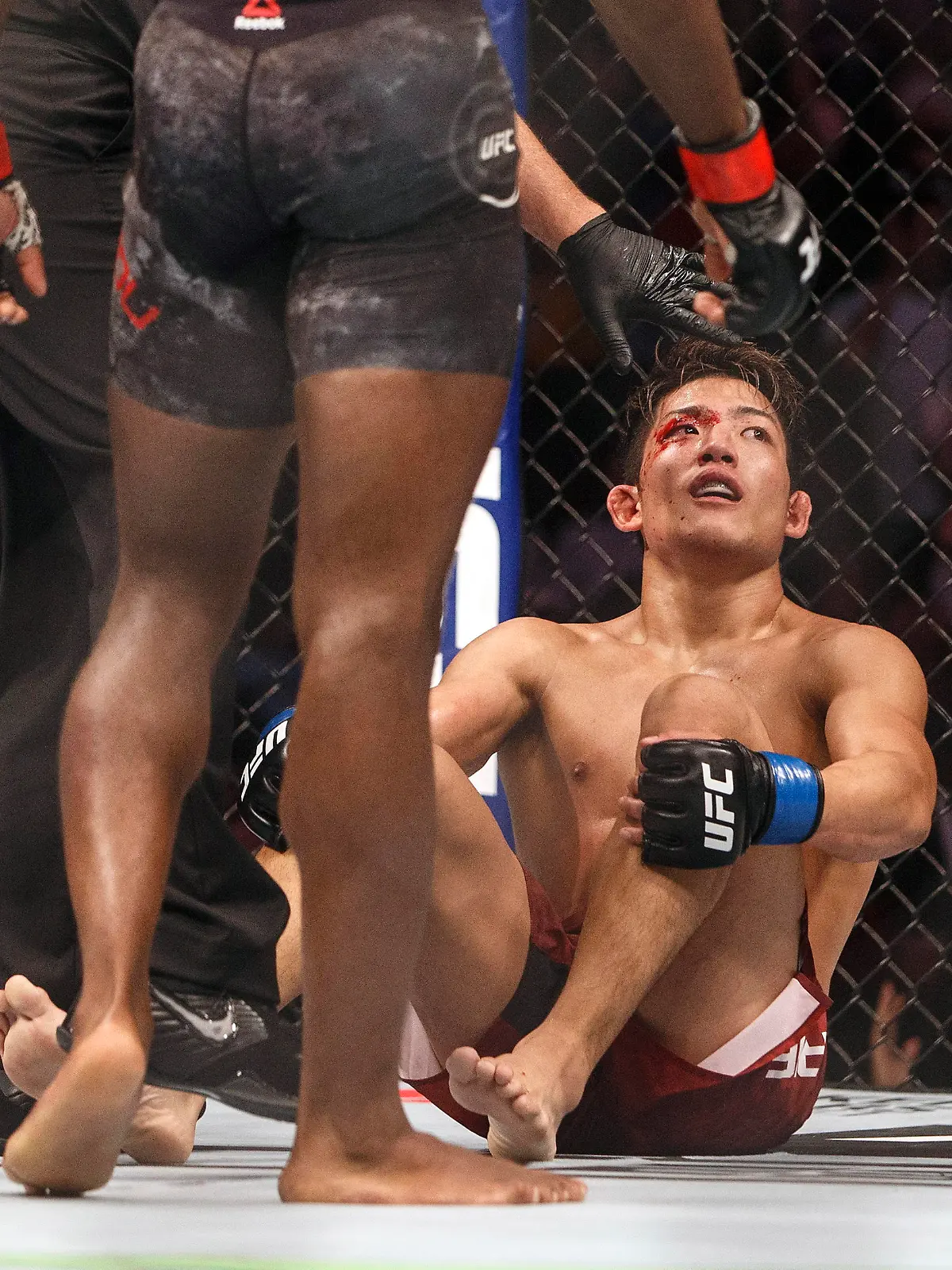 Hakeem Dawodu, front left, stands over Yoshinori Horie, right, who was knocked down during their mixed martial arts bout at UFC 240 in Edmonton, Alberta, Saturday, July 27, 2019. (Jason Franson/The Canadian Press via AP)